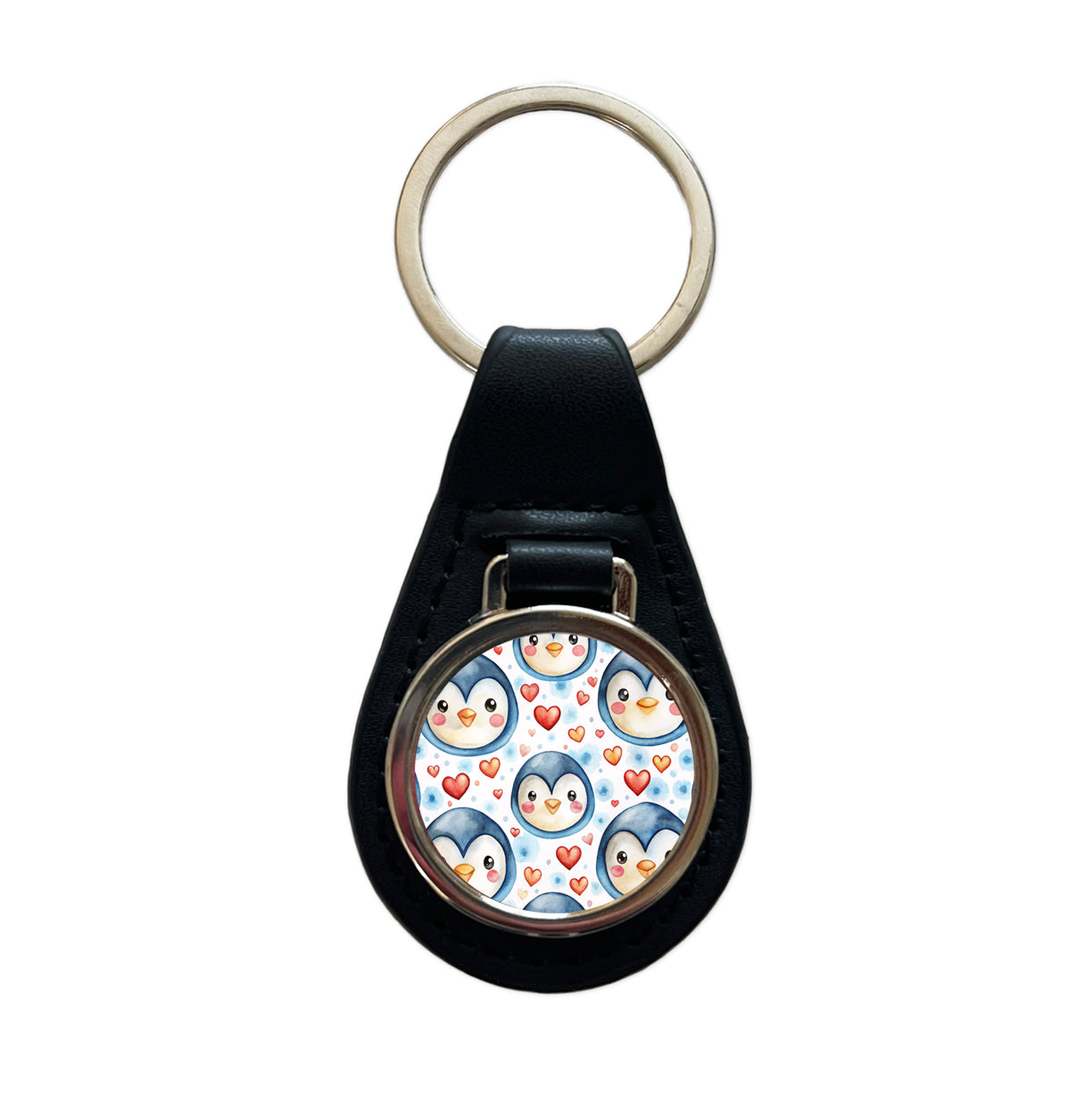 Cute Penguin Faces Hearts Watercolor Black Leather Metal Keychain