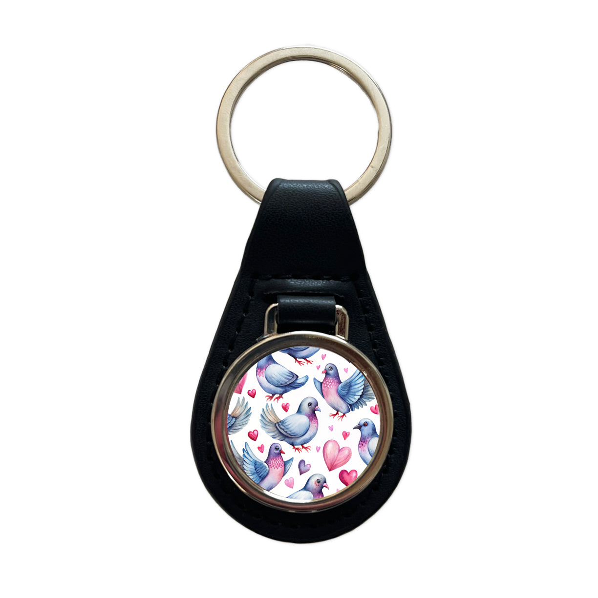 Cute Pigeons Hearts Watercolor Black Leather Metal Keychain