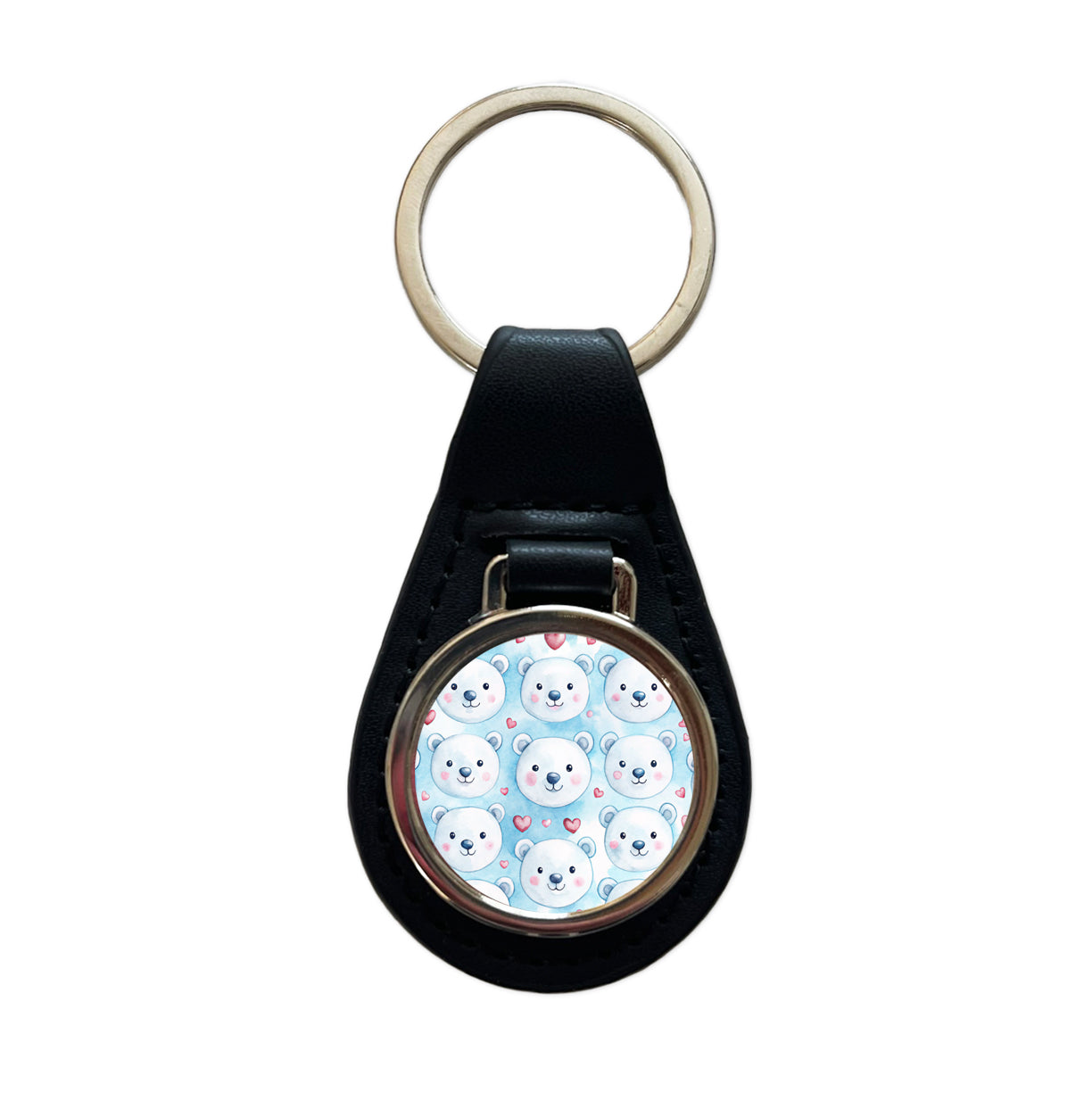 Cute Polar Bear Faces Hearts Black Leather Metal Keychain