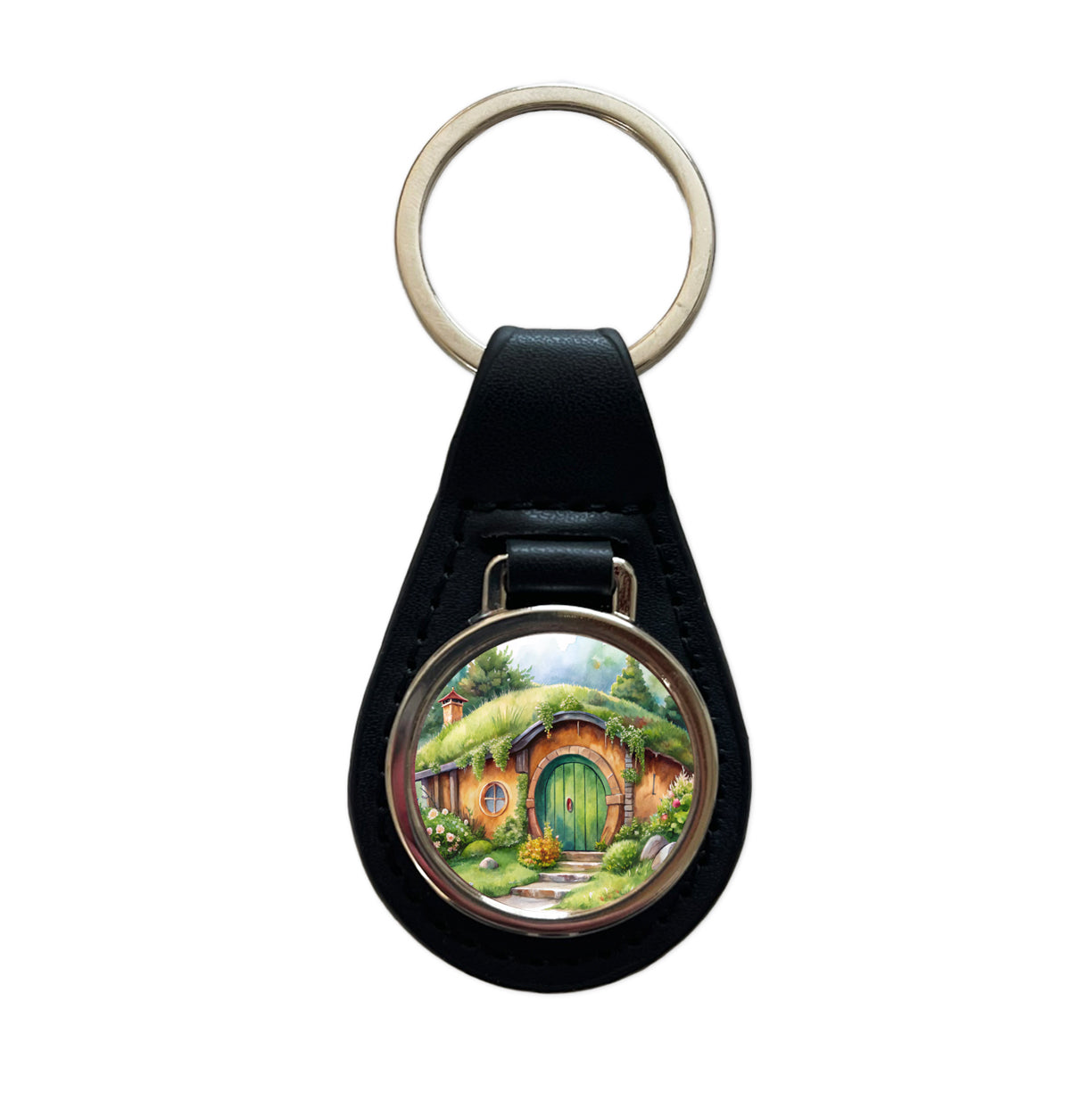 Fantasy House Grass Roof Watercolor Design Black Leather Metal Keychain