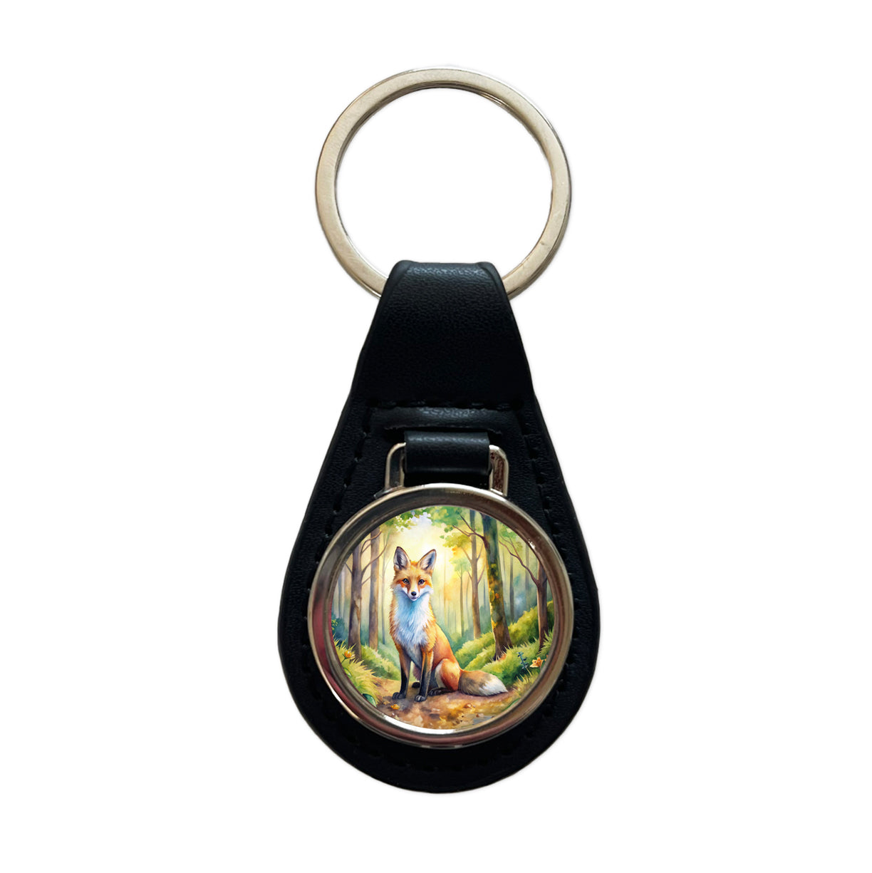 Fox Sitting In Forest Watercolor Black Leather Metal Keychain