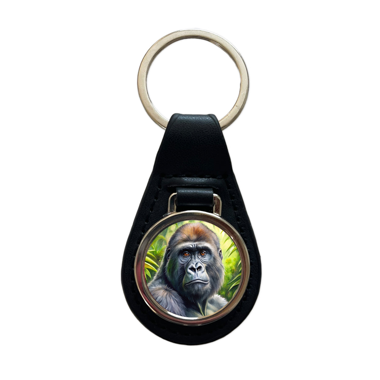 Gorilla In Rainforest Watercolor Black Leather Metal Keychain