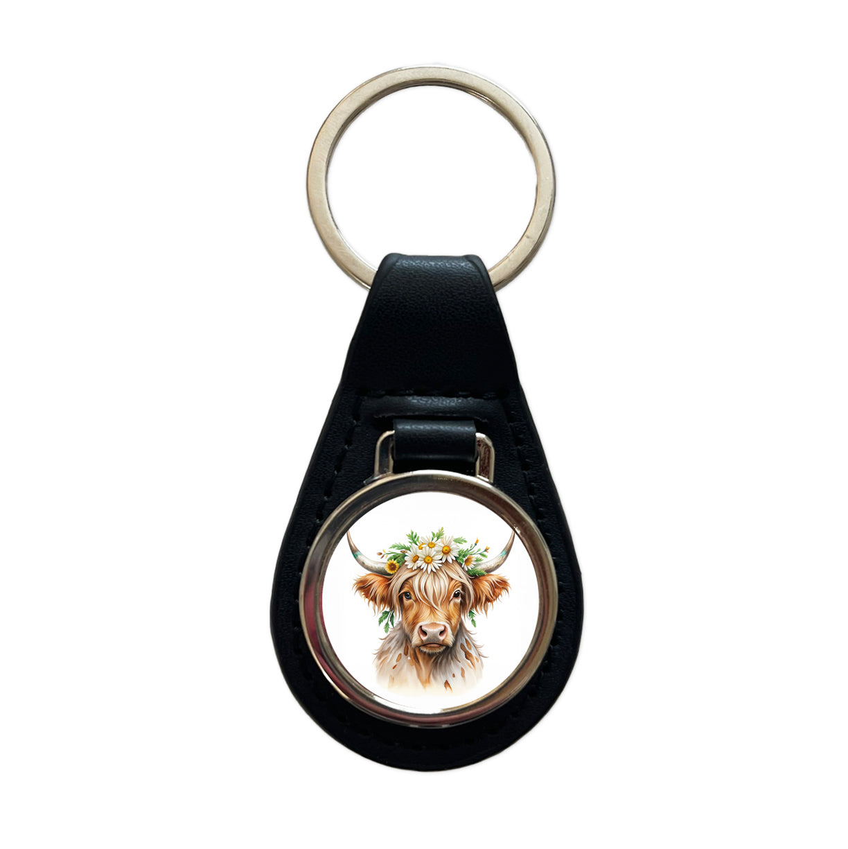 Highland Cow Watercolor Design With Daisies Black Leather Metal Keychain