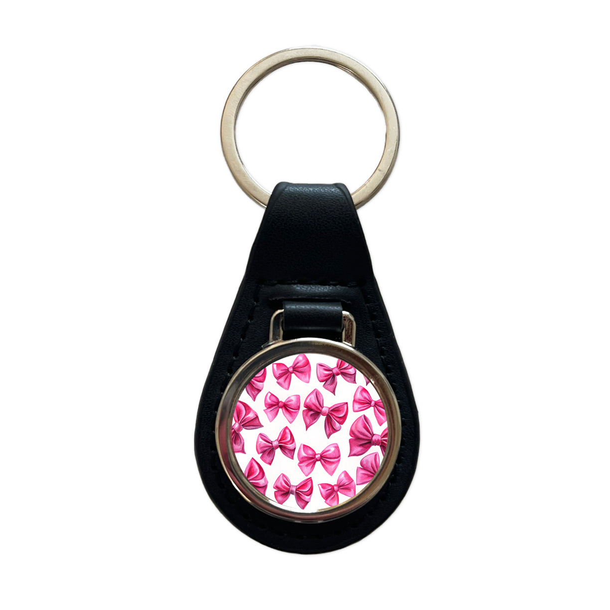 Hot Pink Scattered Coquette Bows Watercolor Black Leather Metal Keychain