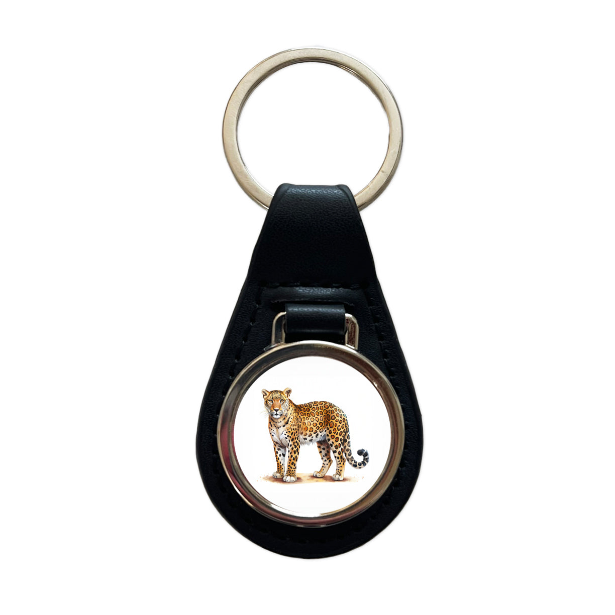Leopard Print Watercolor Black Leather Metal Keychain