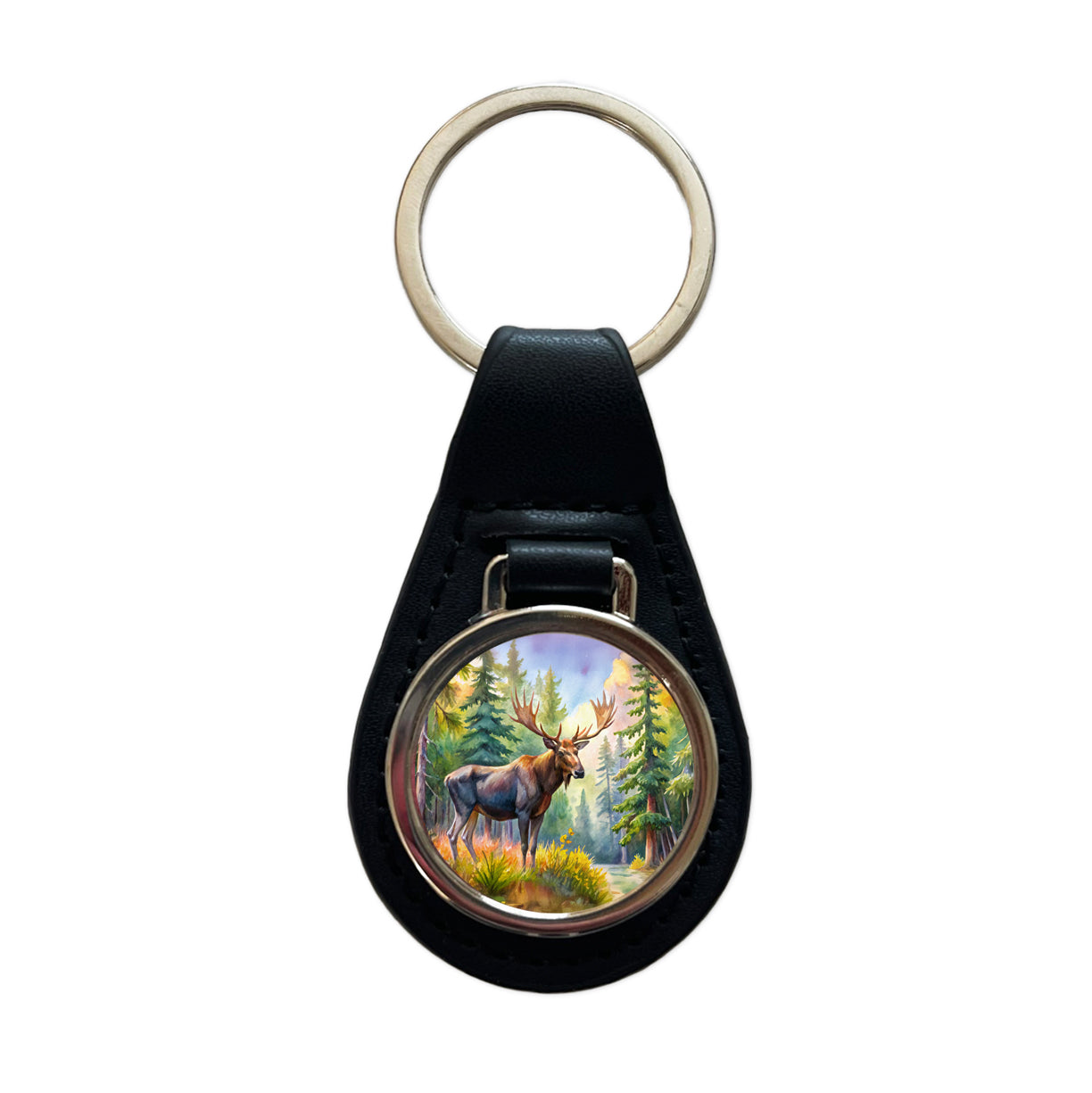 Moose In Forest Watercolor Black Leather Metal Keychain