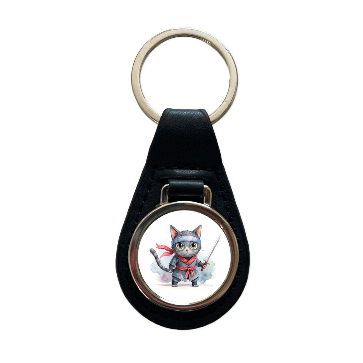 Ninja Cat Watercolor Black Leather Metal Keychain