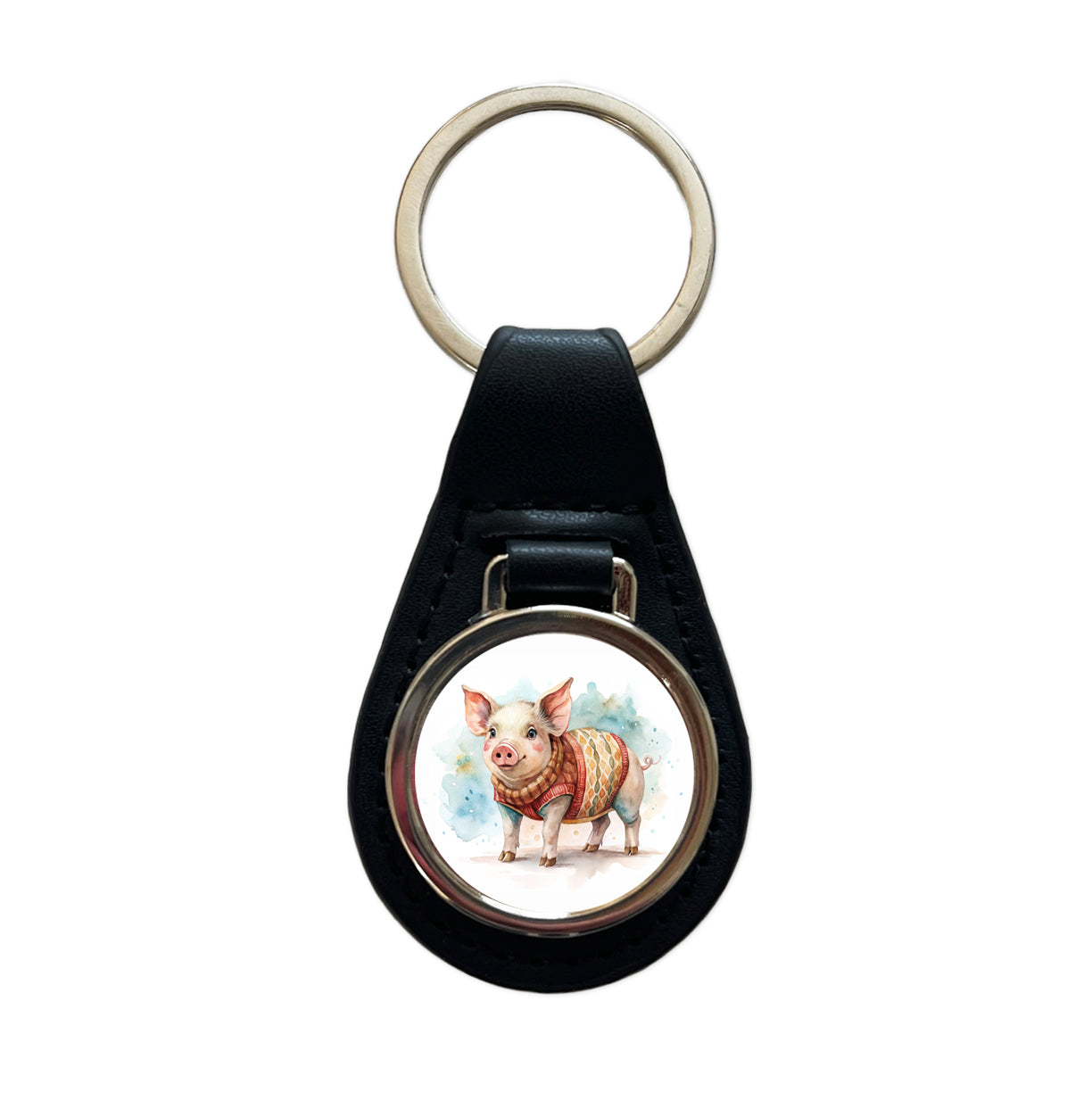 Pig Wearing A Sweater Watercolor Black Leather Metal Keychain
