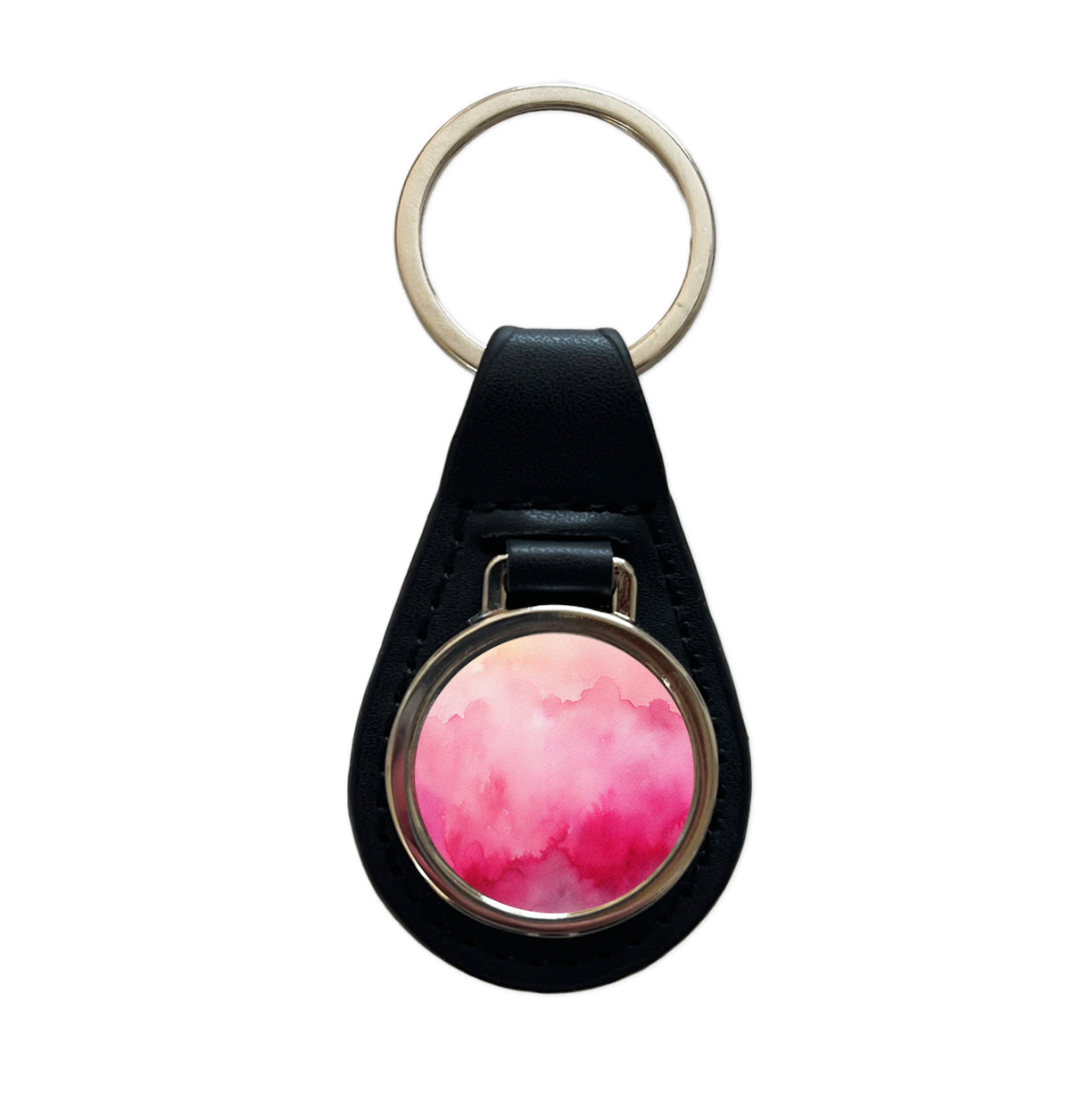 Pink Ombre Watercolor Black Leather Metal Keychain