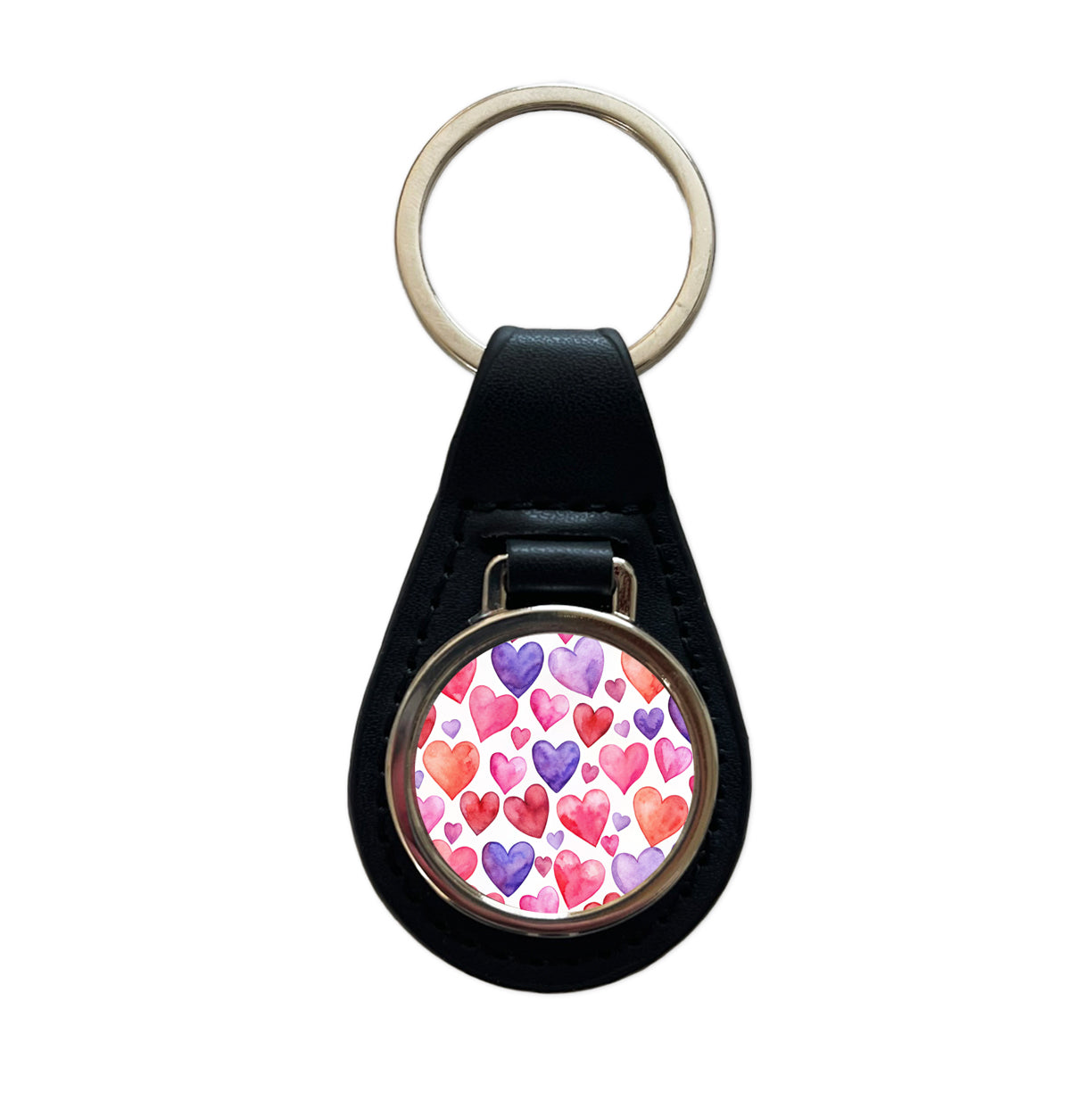 Pink Red Purple Hearts Watercolor Black Leather Metal Keychain