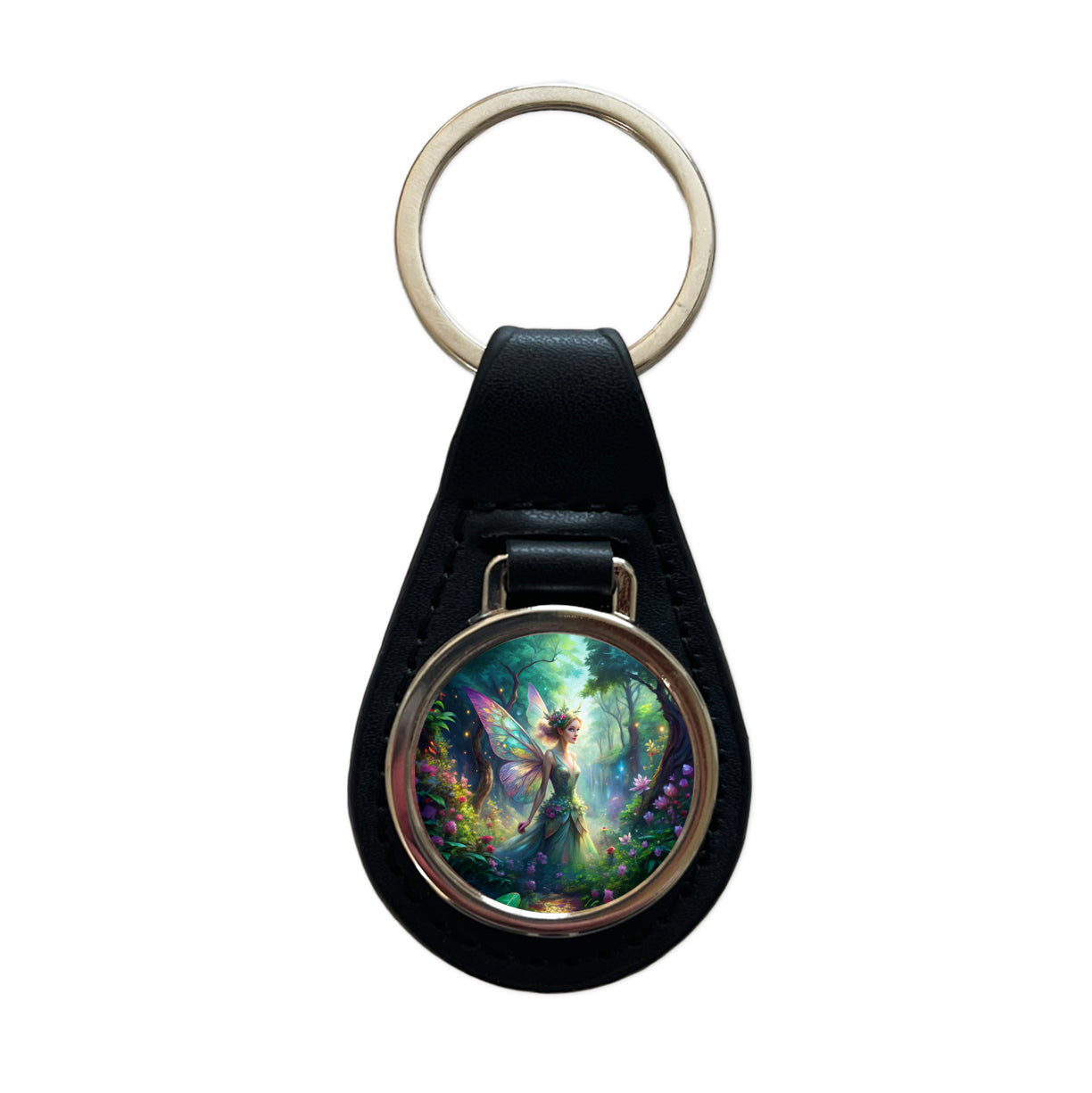 Pixie Fairy Forest Fantasy Watercolor Design Black Leather Metal Keychain
