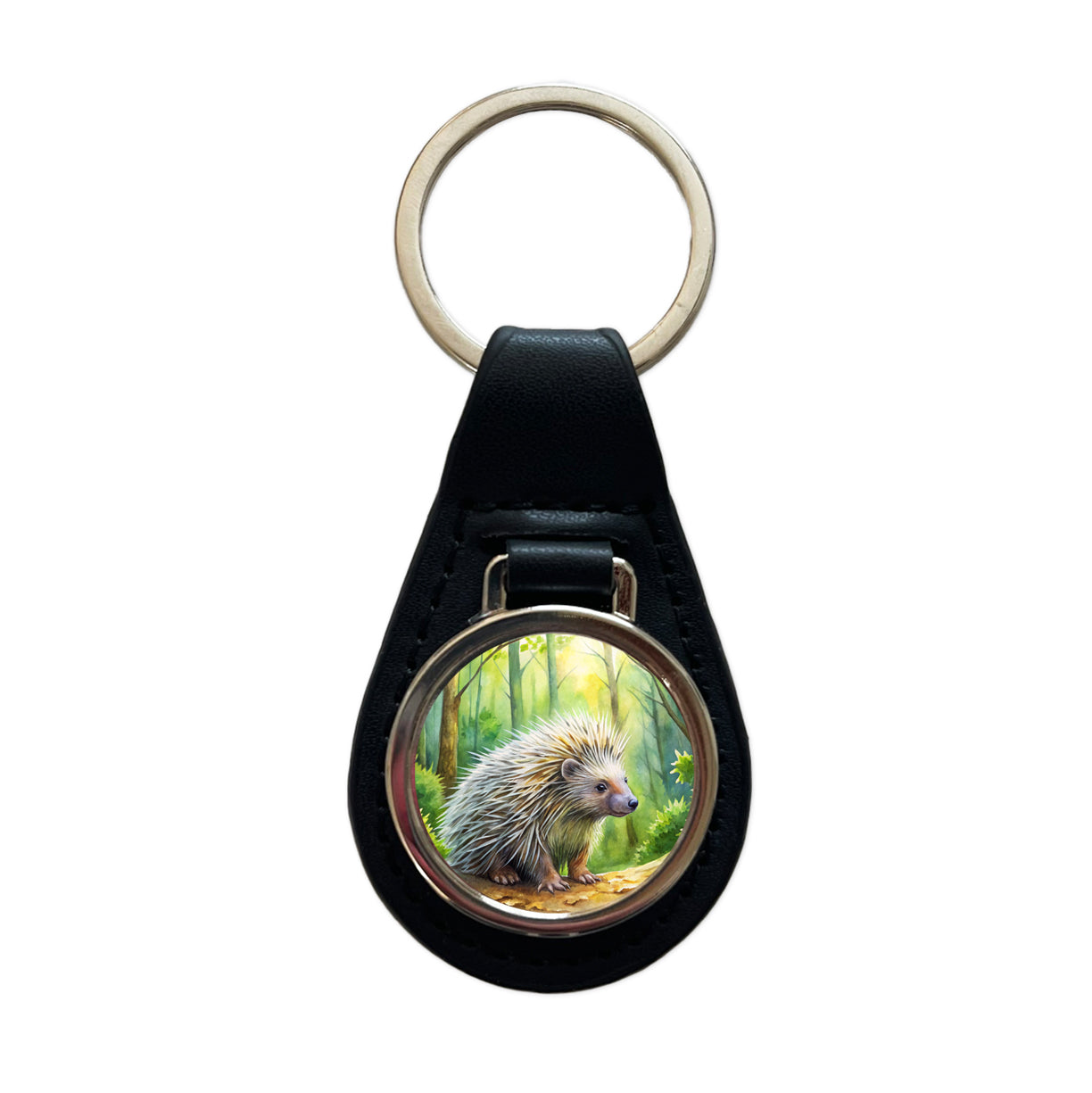 Porcupine In Forest Watercolor Black Leather Metal Keychain