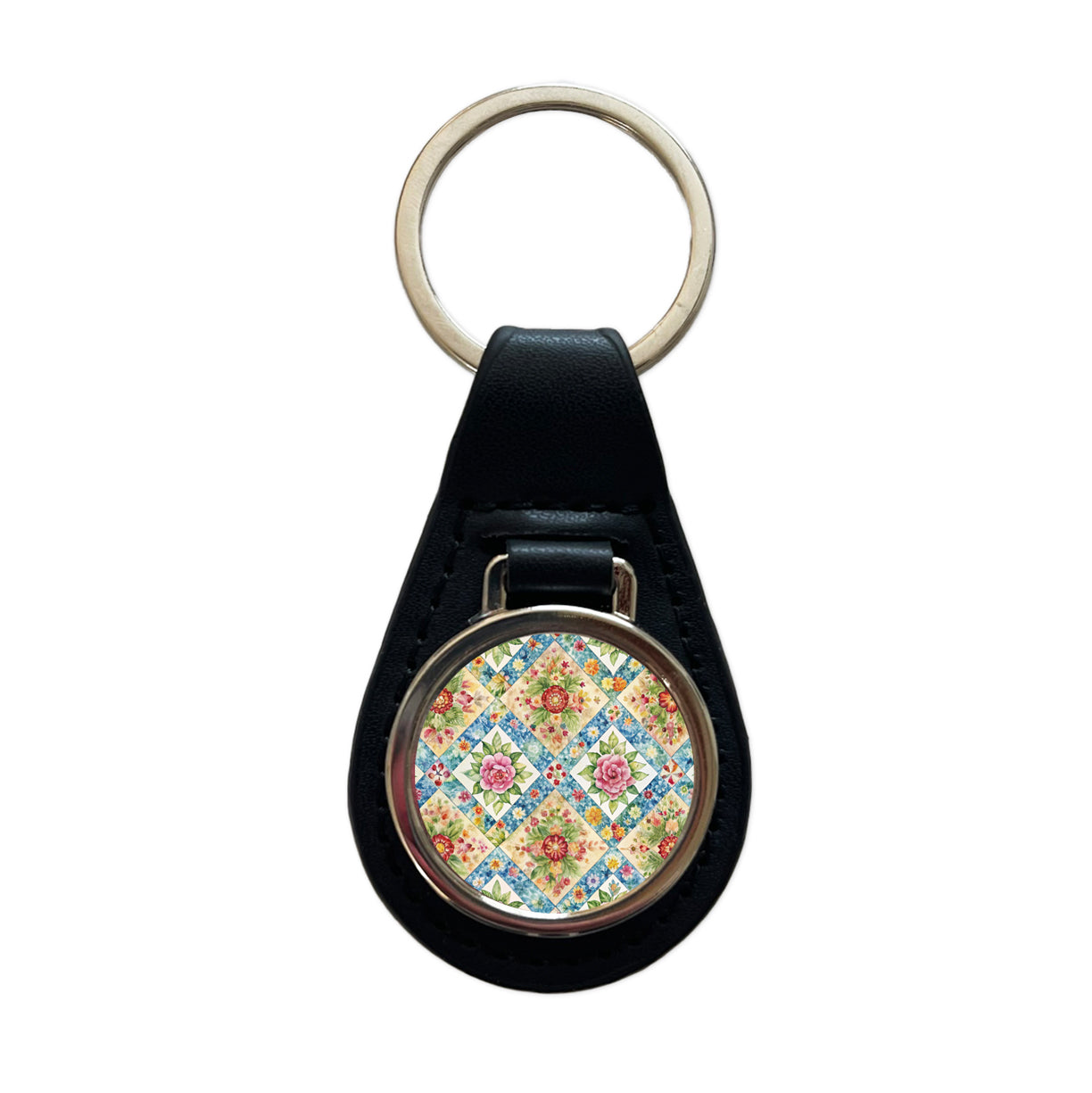 Quilt Floral Pattern Quilter Sewing Black Leather Metal Keychain