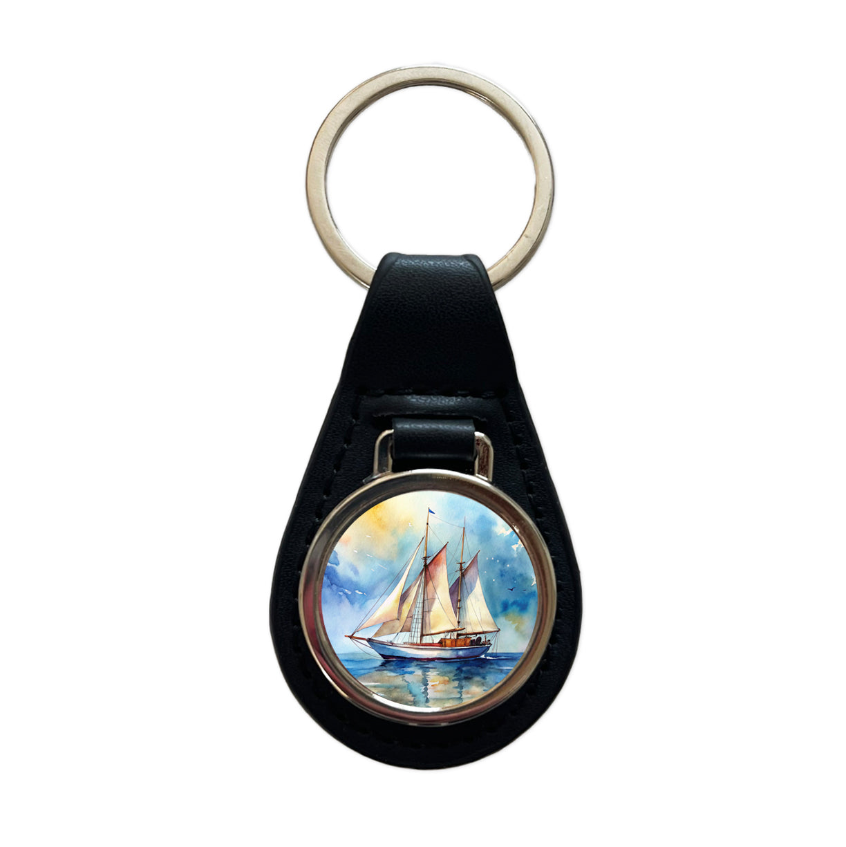 Sailboat At Sea Watercolor Design Black Leather Metal Keychain