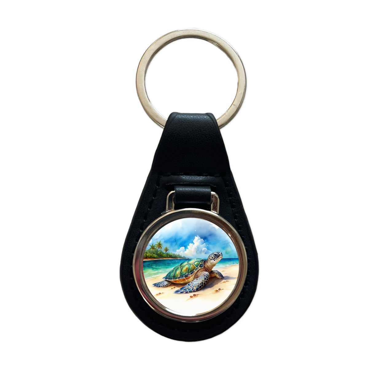 Sea Turtle Beach Watercolor Design Black Leather Metal Keychain