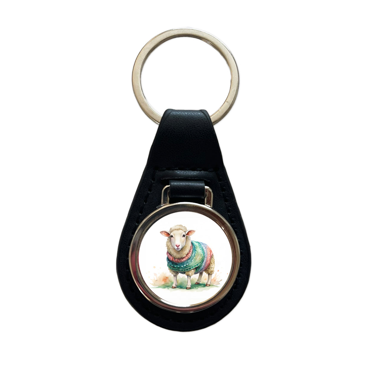 Sheep Wearing A Sweater Watercolor Black Leather Metal Keychain