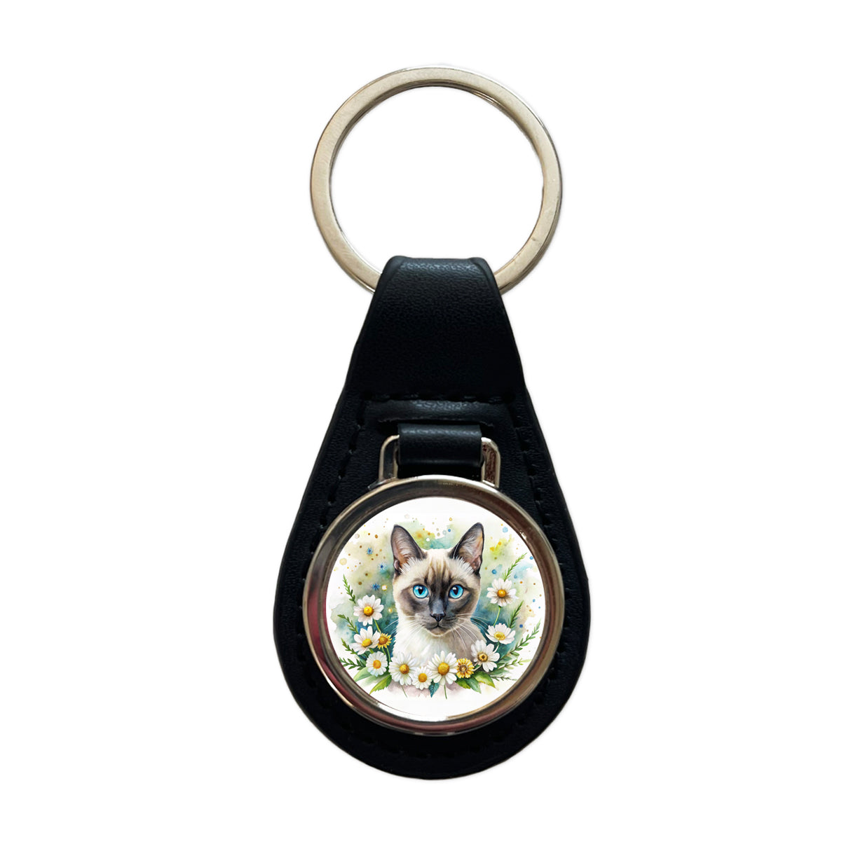 Siamese Cat Watercolor Design With Daisies Black Leather Metal Keychain
