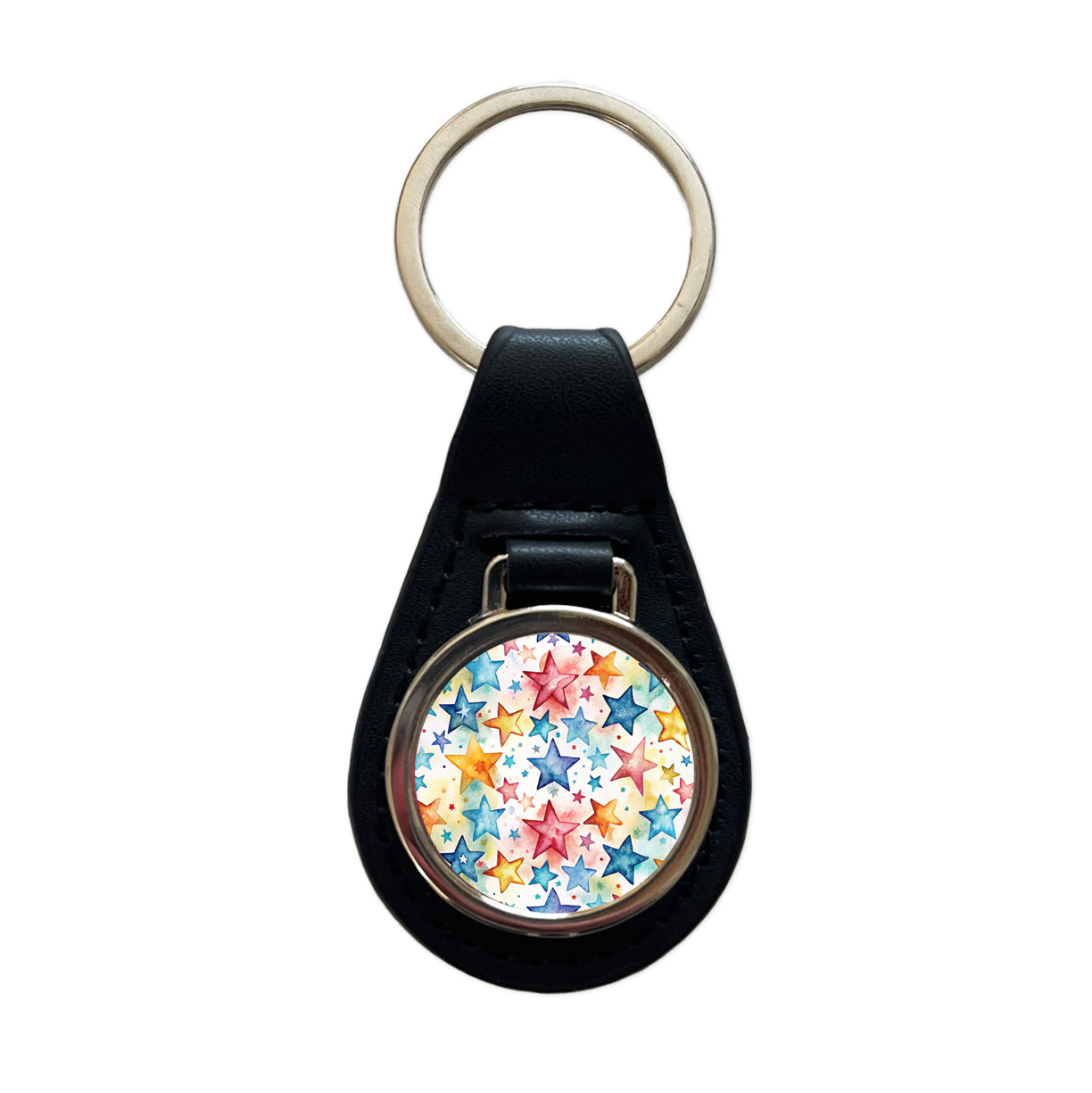 Stars Colorful Watercolor Black Leather Metal Keychain