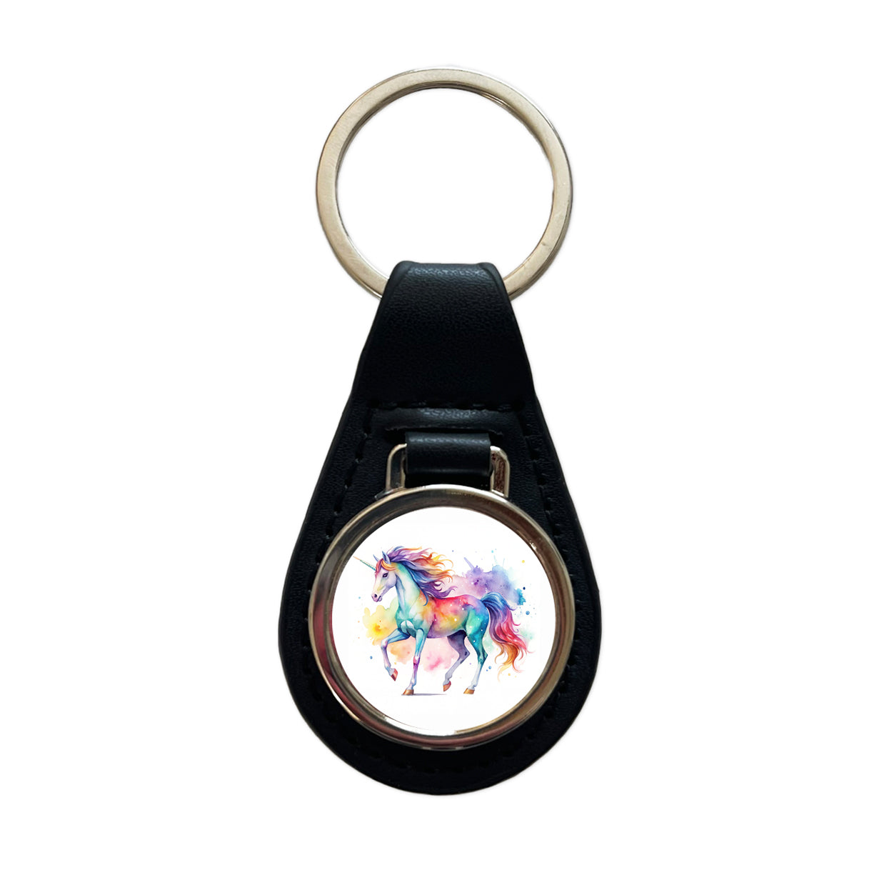 Unicorn Beautiful Watercolor Design Black Leather Metal Keychain