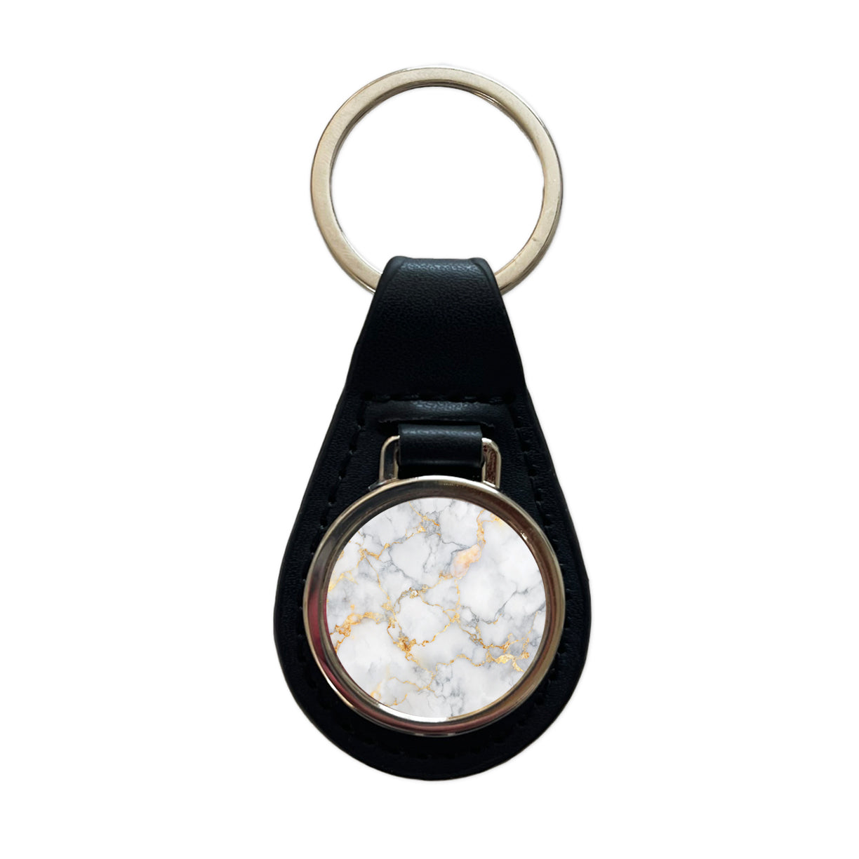 White Gold Marble Background Watercolor Black Leather Metal Keychain
