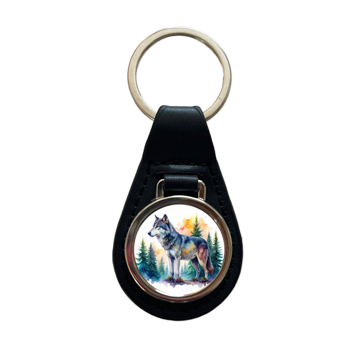 Wolf In Forest Watercolor Design Black Leather Metal Keychain