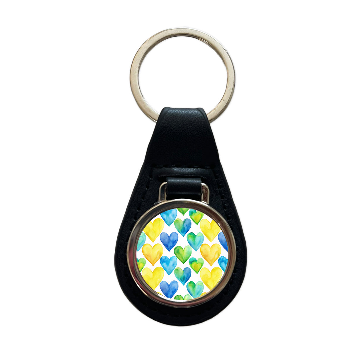 Yellow Blue Green Hearts Watercolor Black Leather Metal Keychain