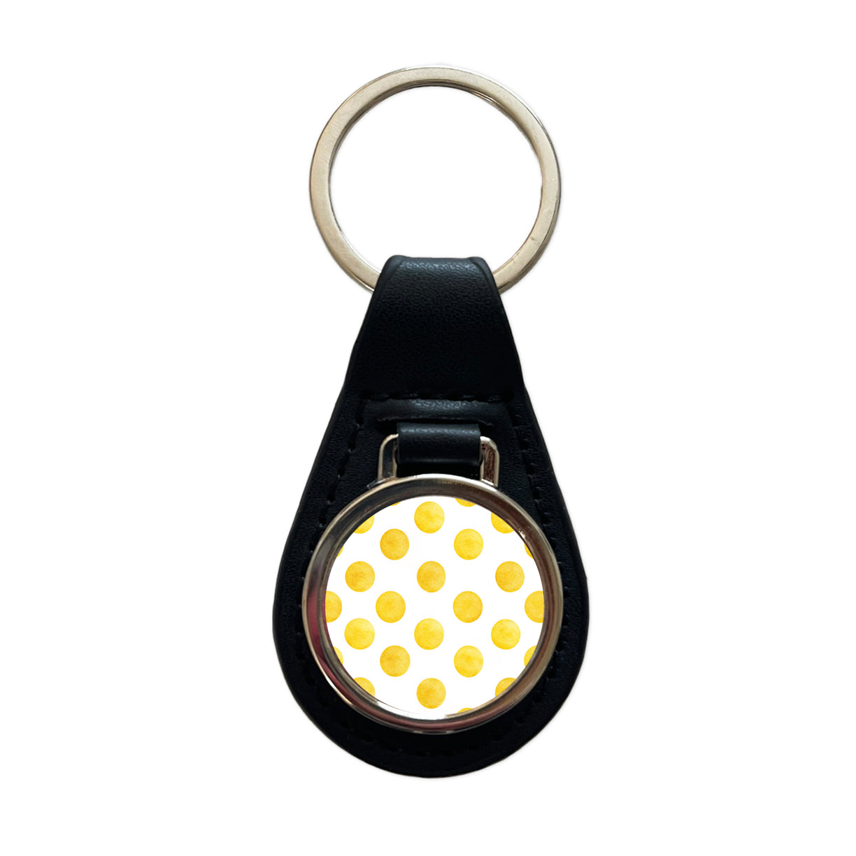 Yellow Polka Dots White Background Black Leather Metal Keychain