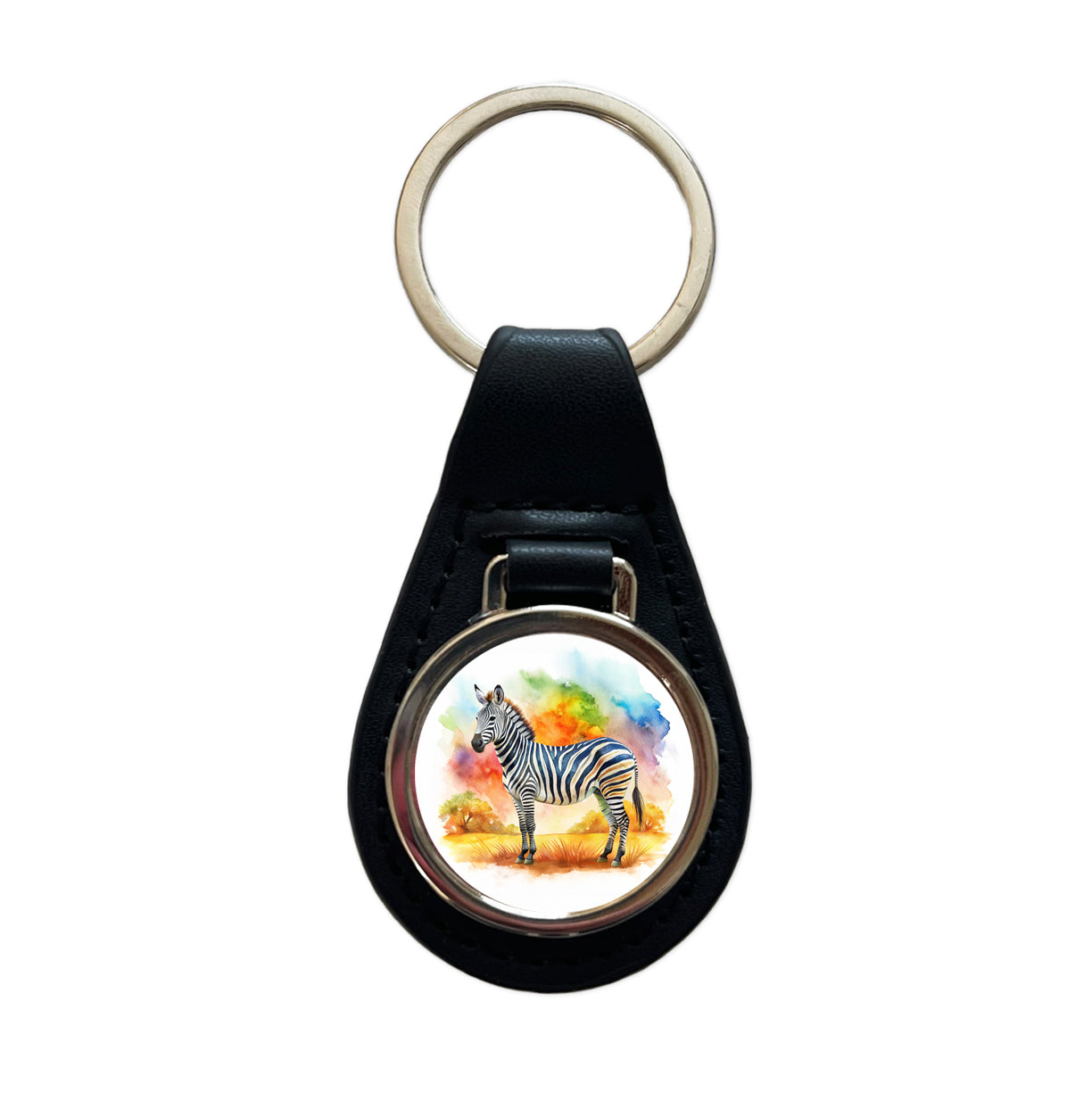 Zebra African Plain Watercolor Design Black Leather Metal Keychain