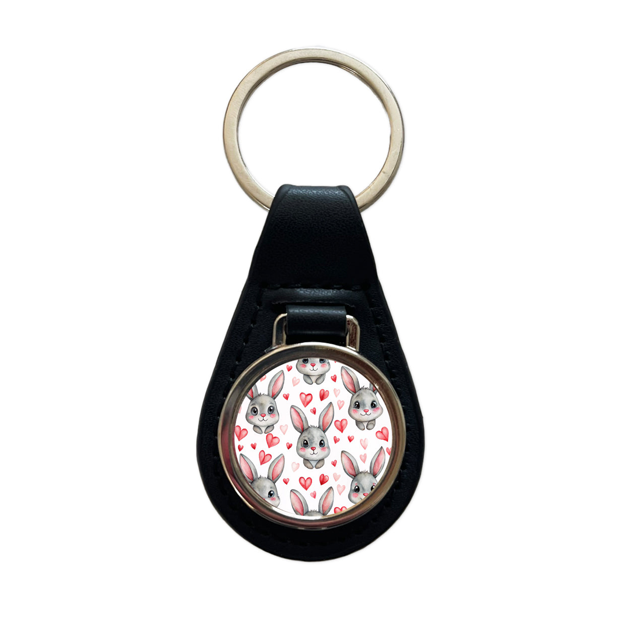 Adorable Gray Bunnies And Hearts Black Leather Metal Keychain