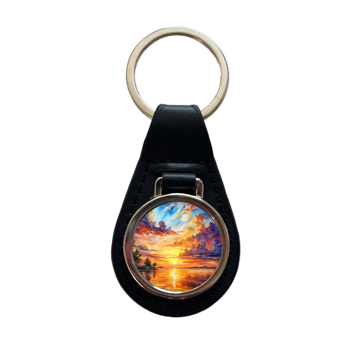 Beautiful Sunset Watercolor Black Leather Metal Keychain
