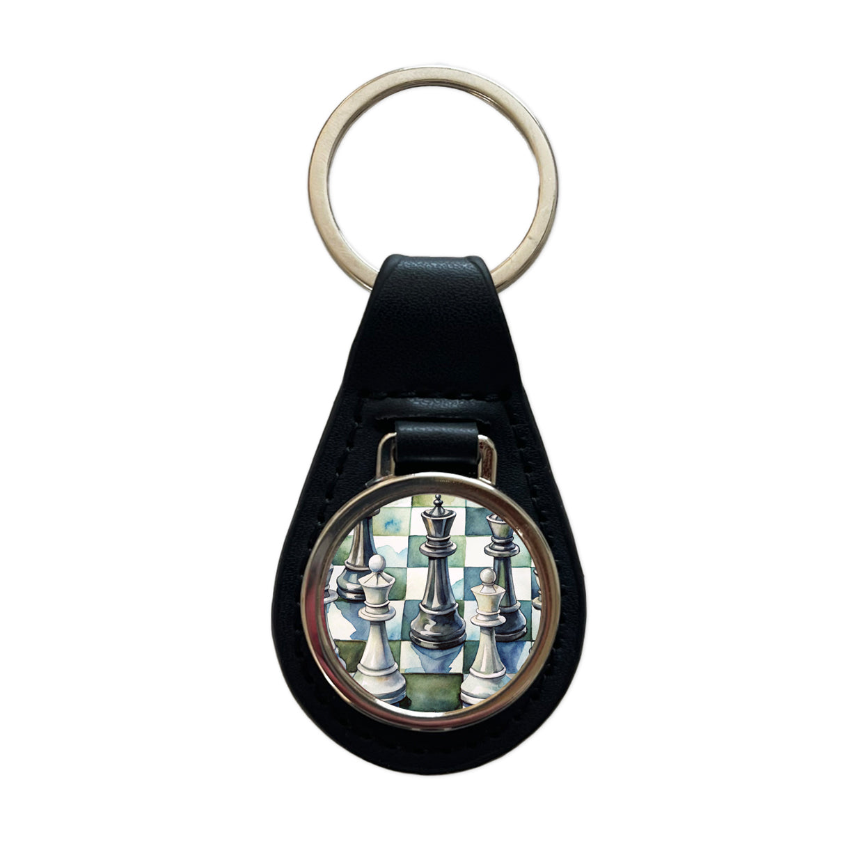 Black White Chess Pieces Watercolor Black Leather Metal Keychain