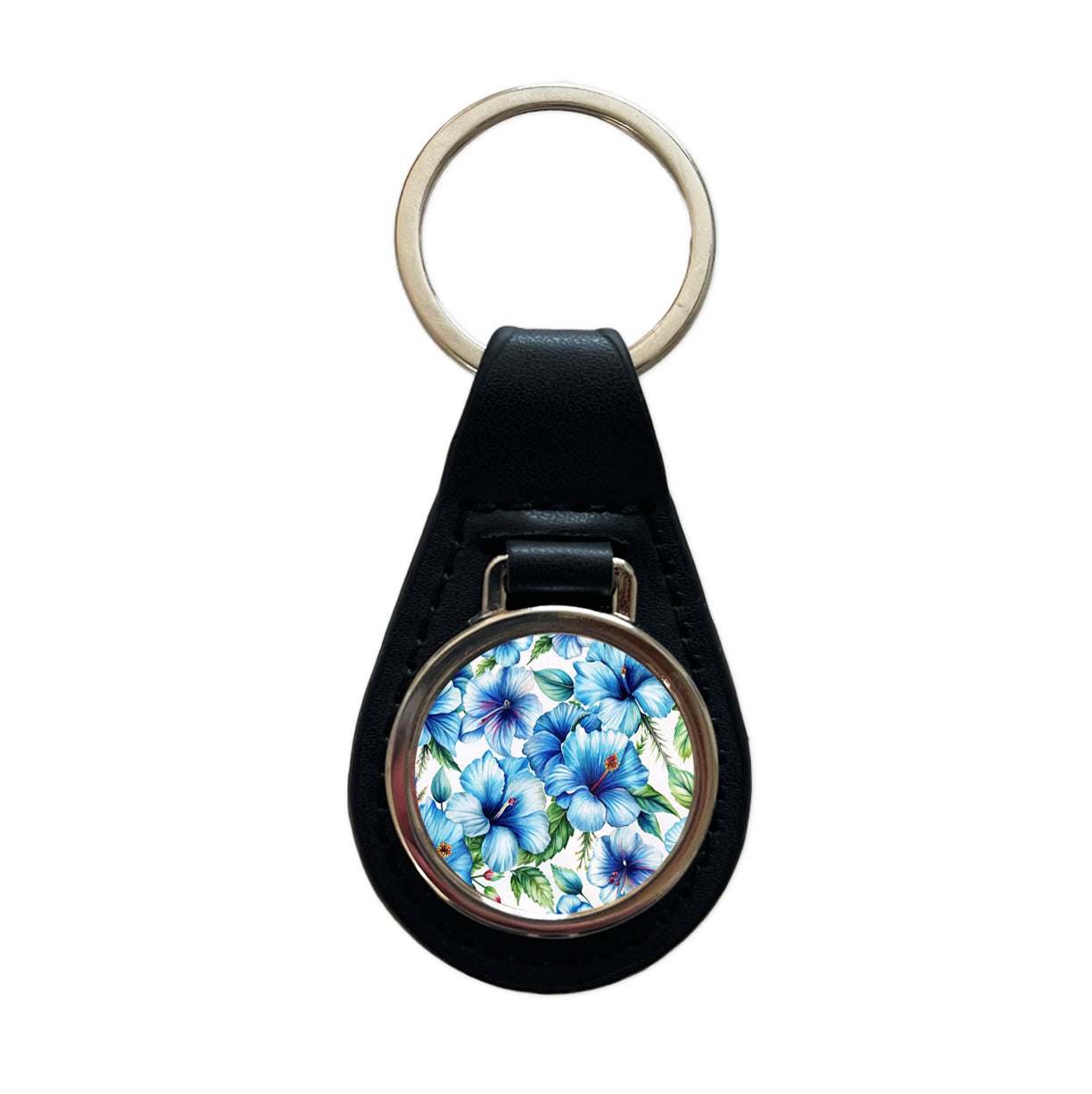 Blue Hibiscus Flowers Watercolor Black Leather Metal Keychain