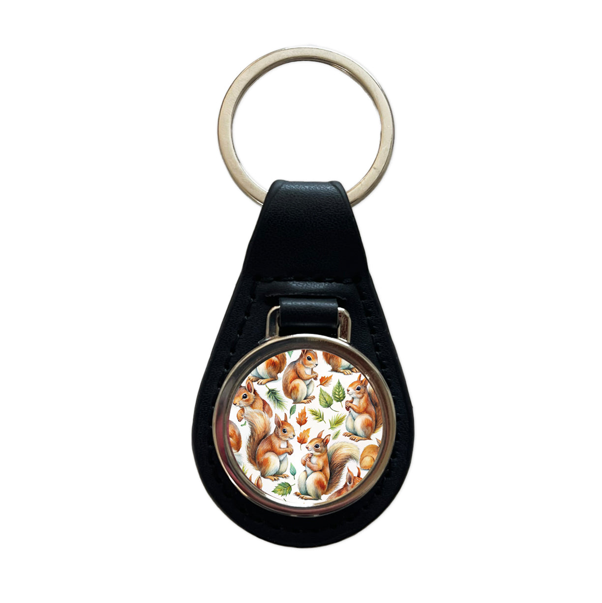 Bunch Of Squirrels Black Leather Metal Keychain