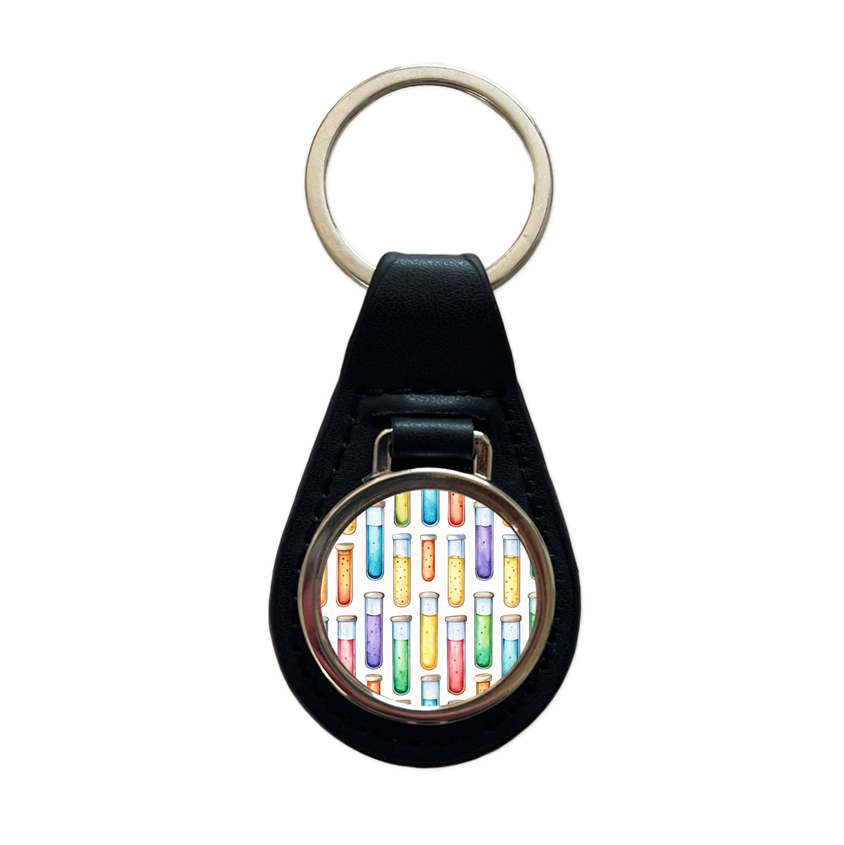 Cartoon Test Tubes Science Teacher Scientist Black Leather Metal Keychain