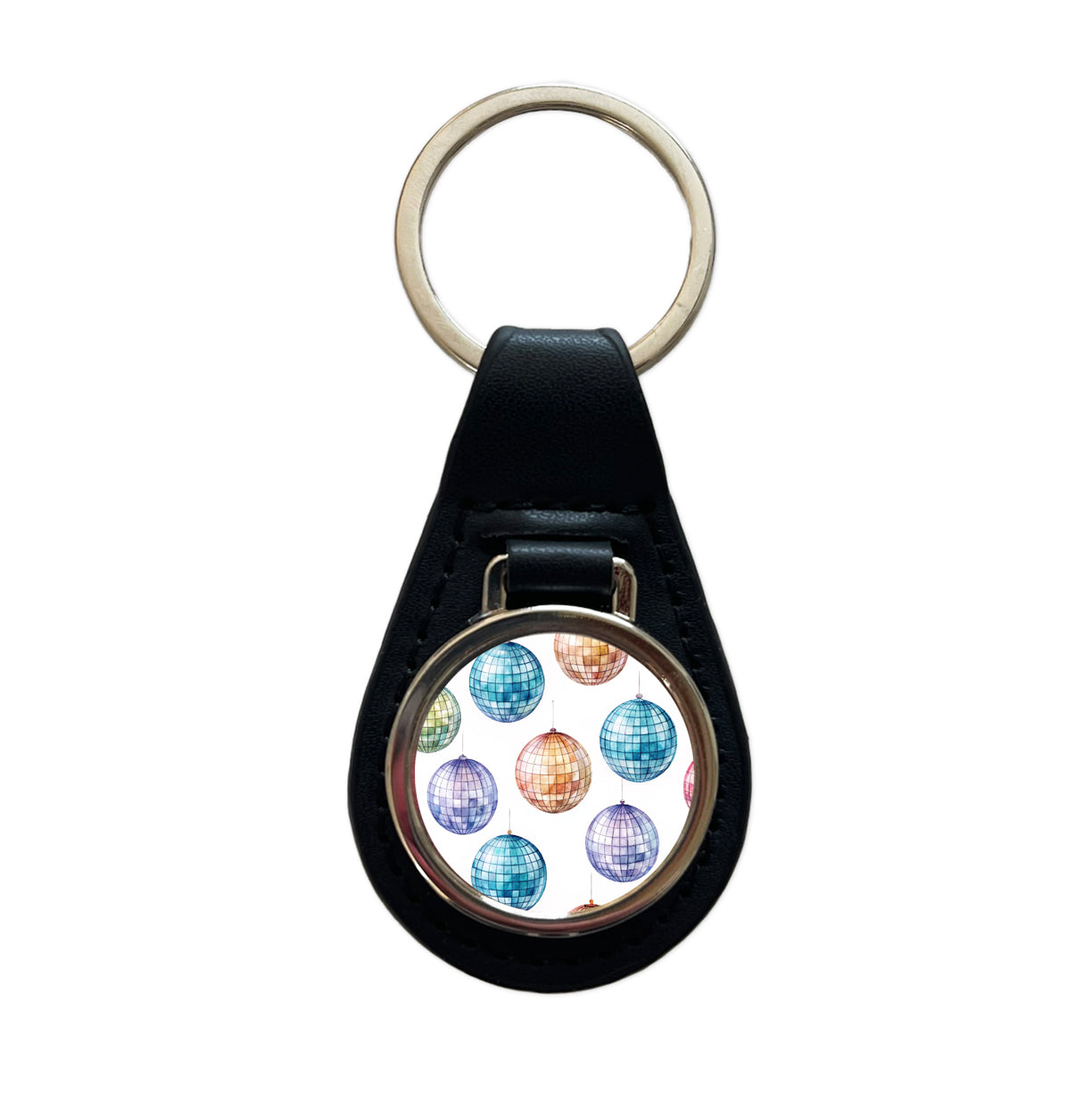 Colorful Disco Balls Black Leather Metal Keychain