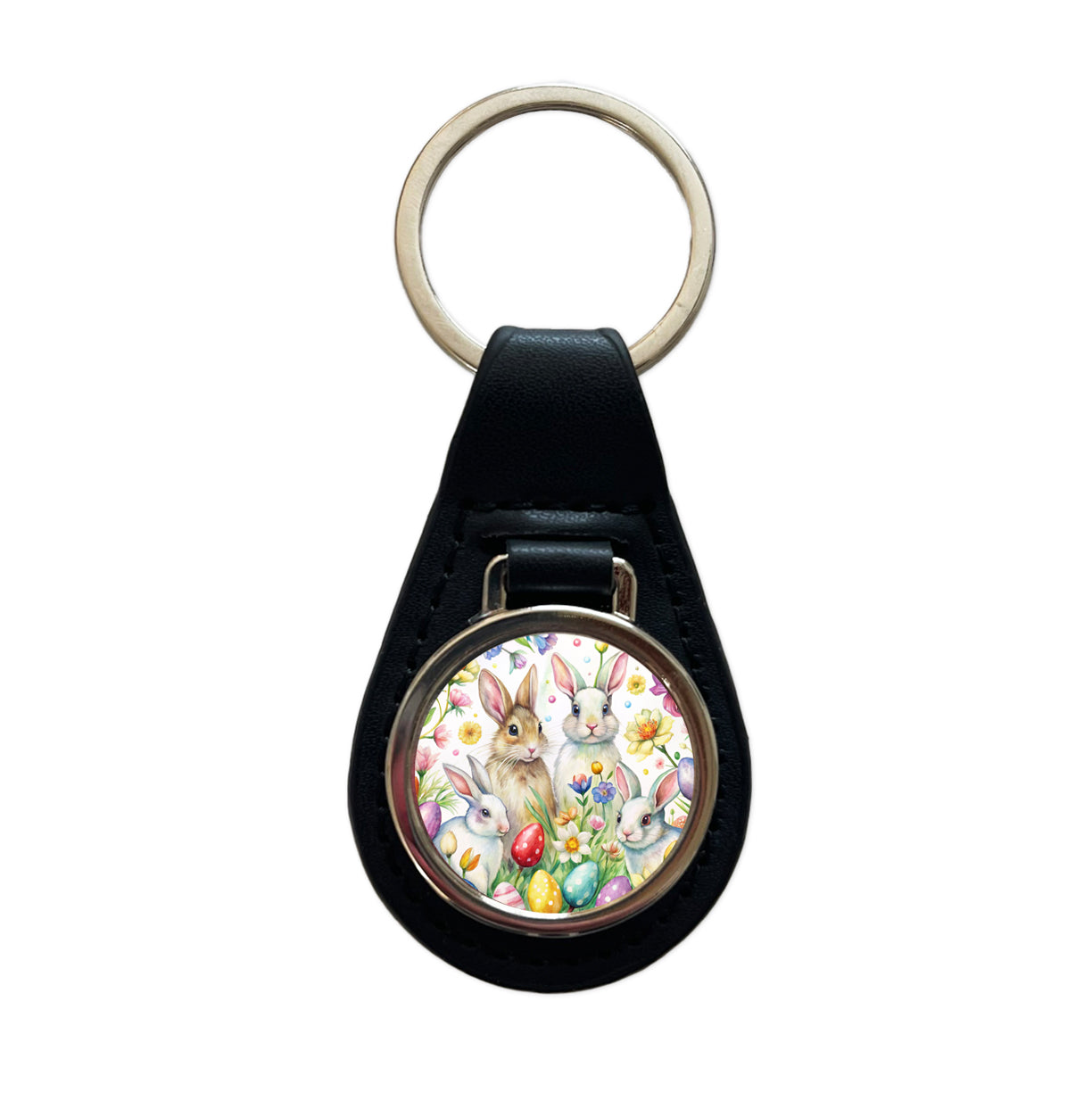 Easter Bunny Rabbit Eggs Flowers Black Leather Metal Keychain