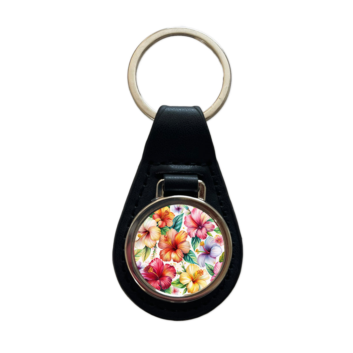 Hibiscus Tropical Flowers Watercolor Black Leather Metal Keychain