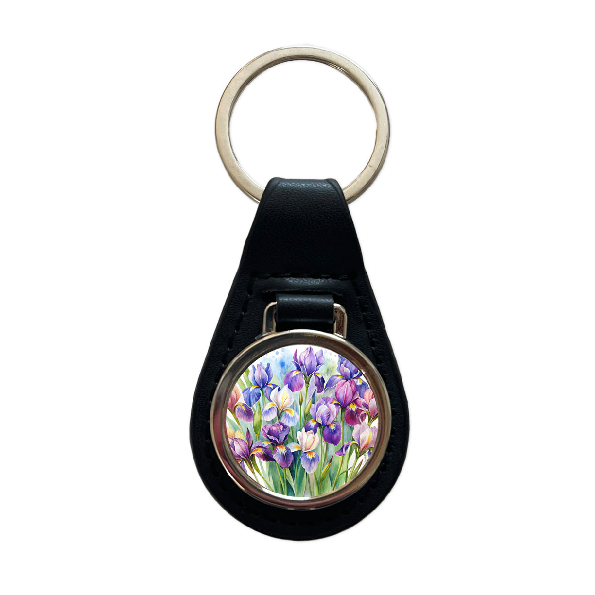 Iris Purple Pretty Flowers Watercolor Black Leather Metal Keychain