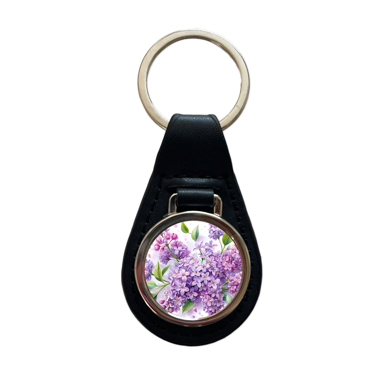Lilac Flowers Watercolor Black Leather Metal Keychain