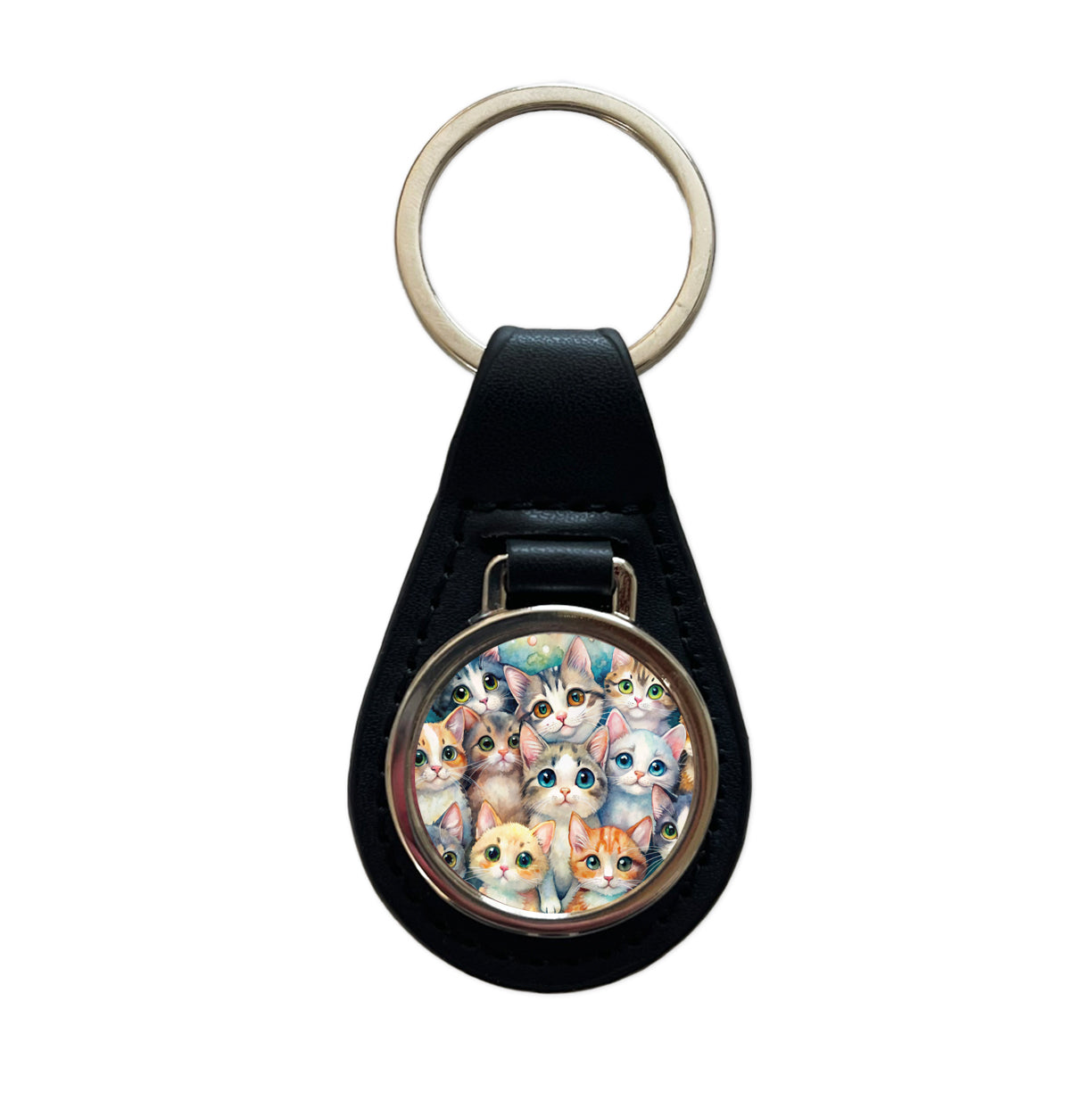 Lots Of Adorable Cats Watercolor Black Leather Metal Keychain