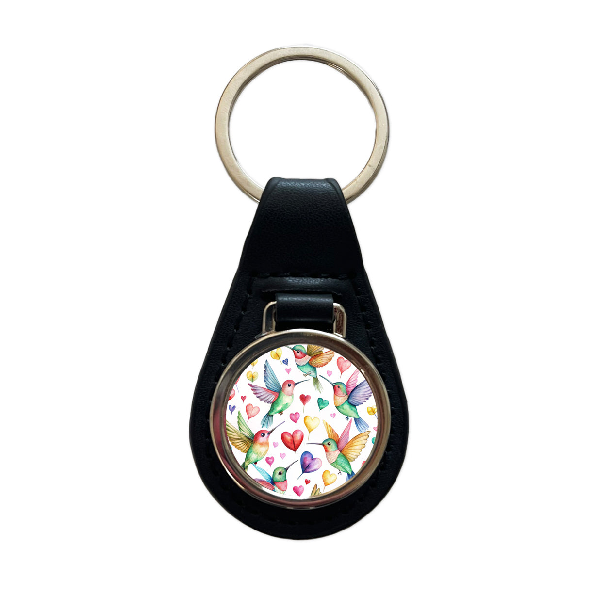 Lots Of Hummingbirds And Hearts Black Leather Metal Keychain
