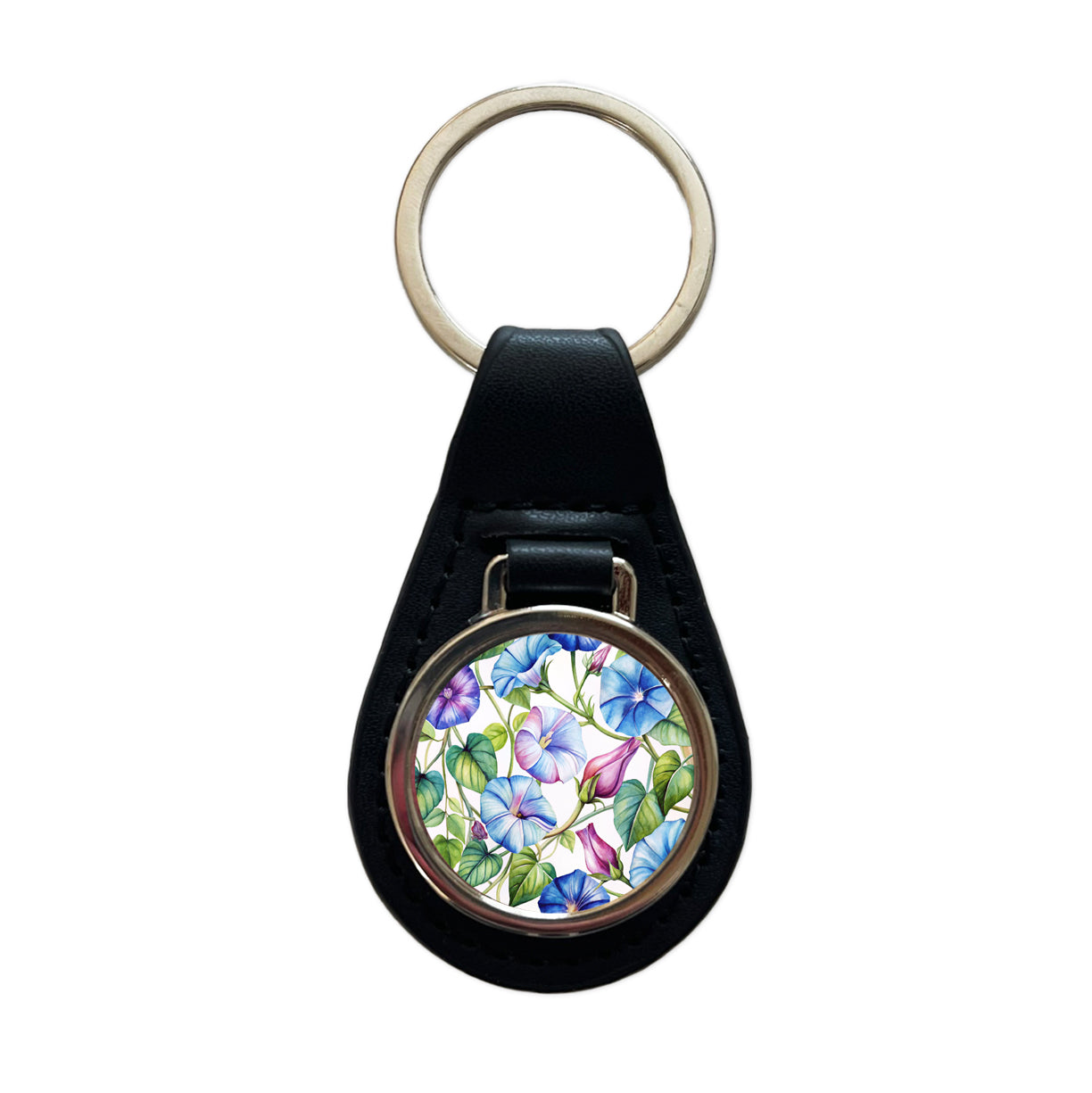 Morning Glories Flowers Watercolor Black Leather Metal Keychain