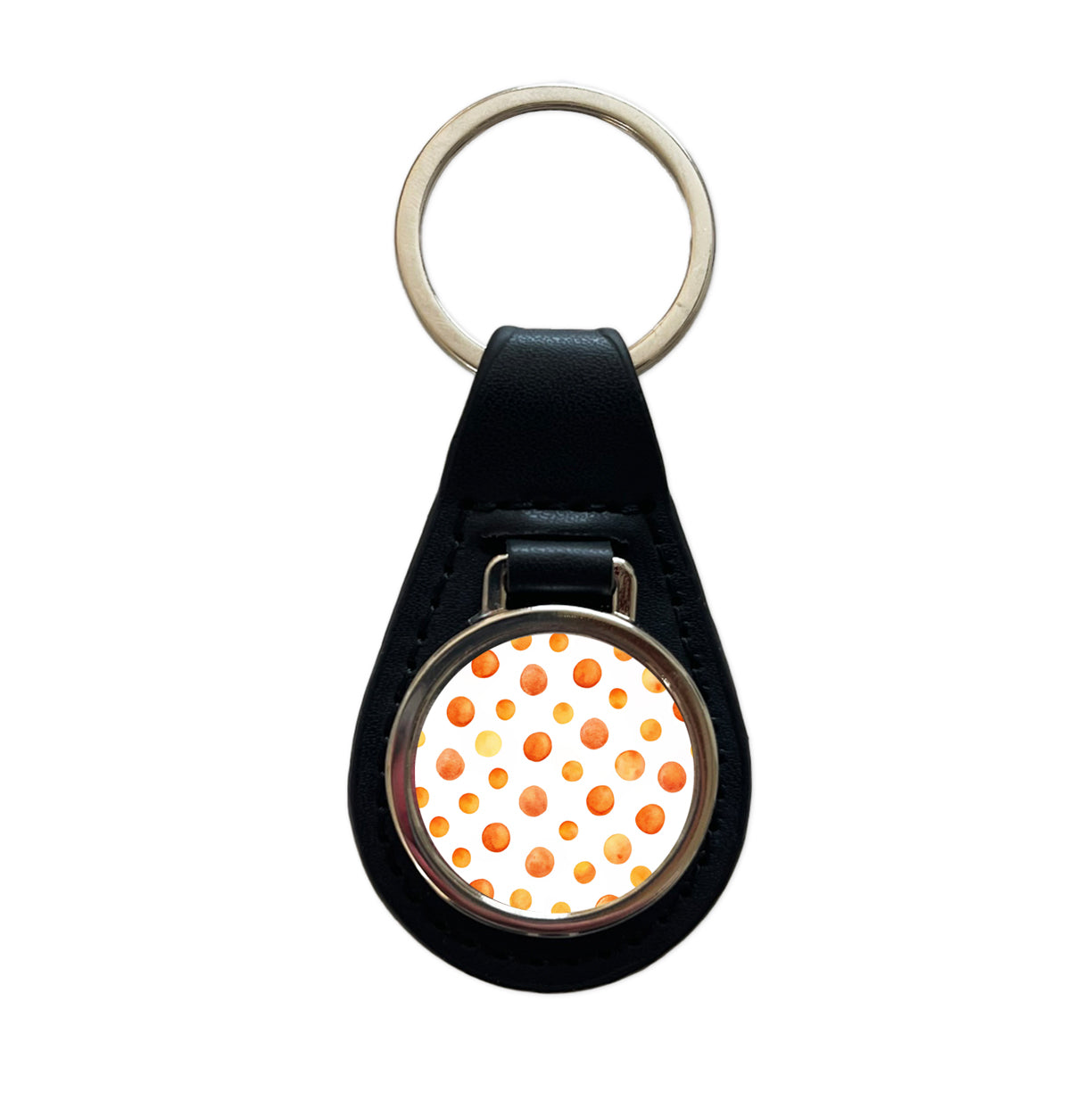 Orange Polka Dots Fun White Background Black Leather Metal Keychain