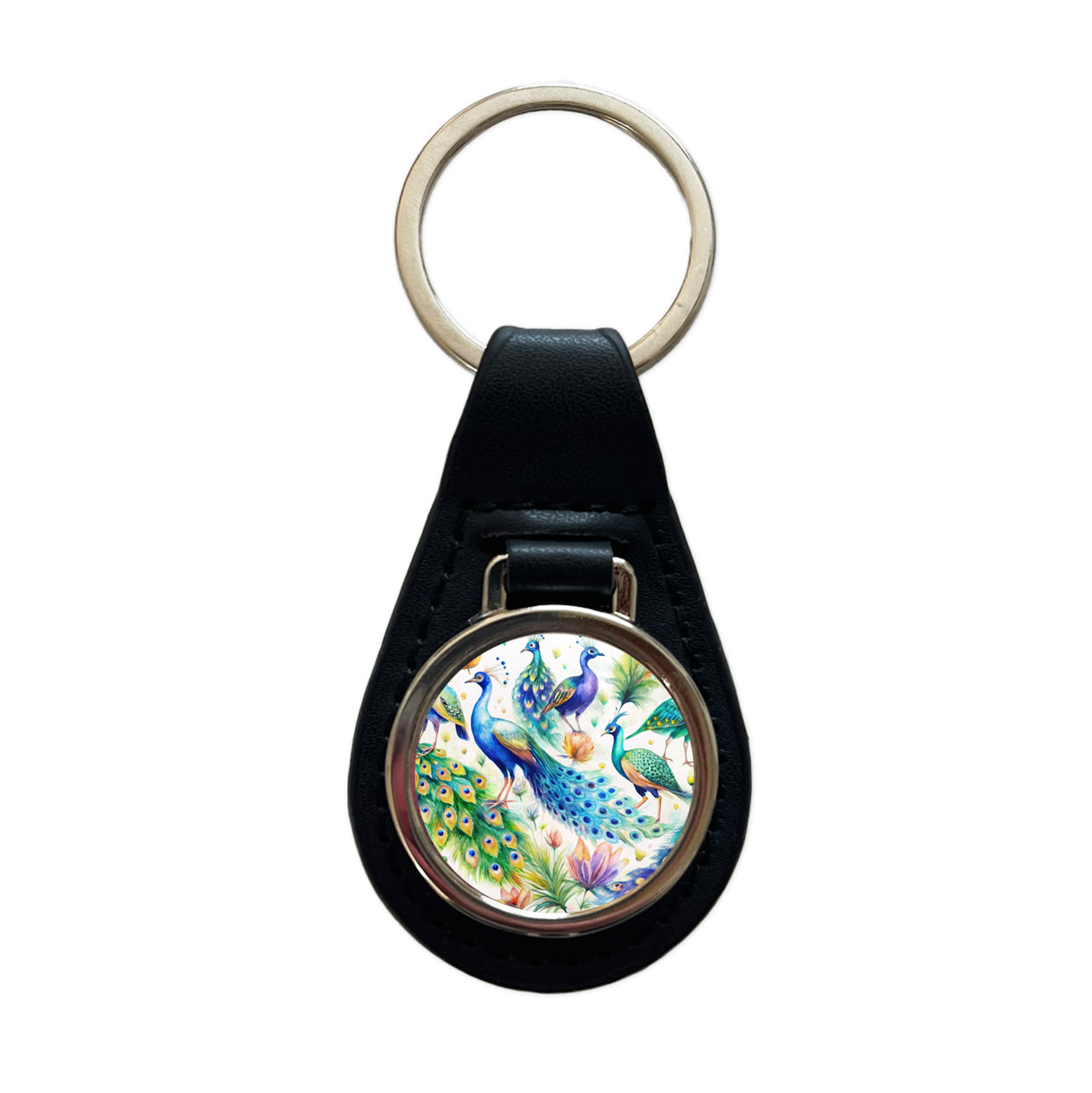 Peacocks Beautiful Birds Watercolor Black Leather Metal Keychain
