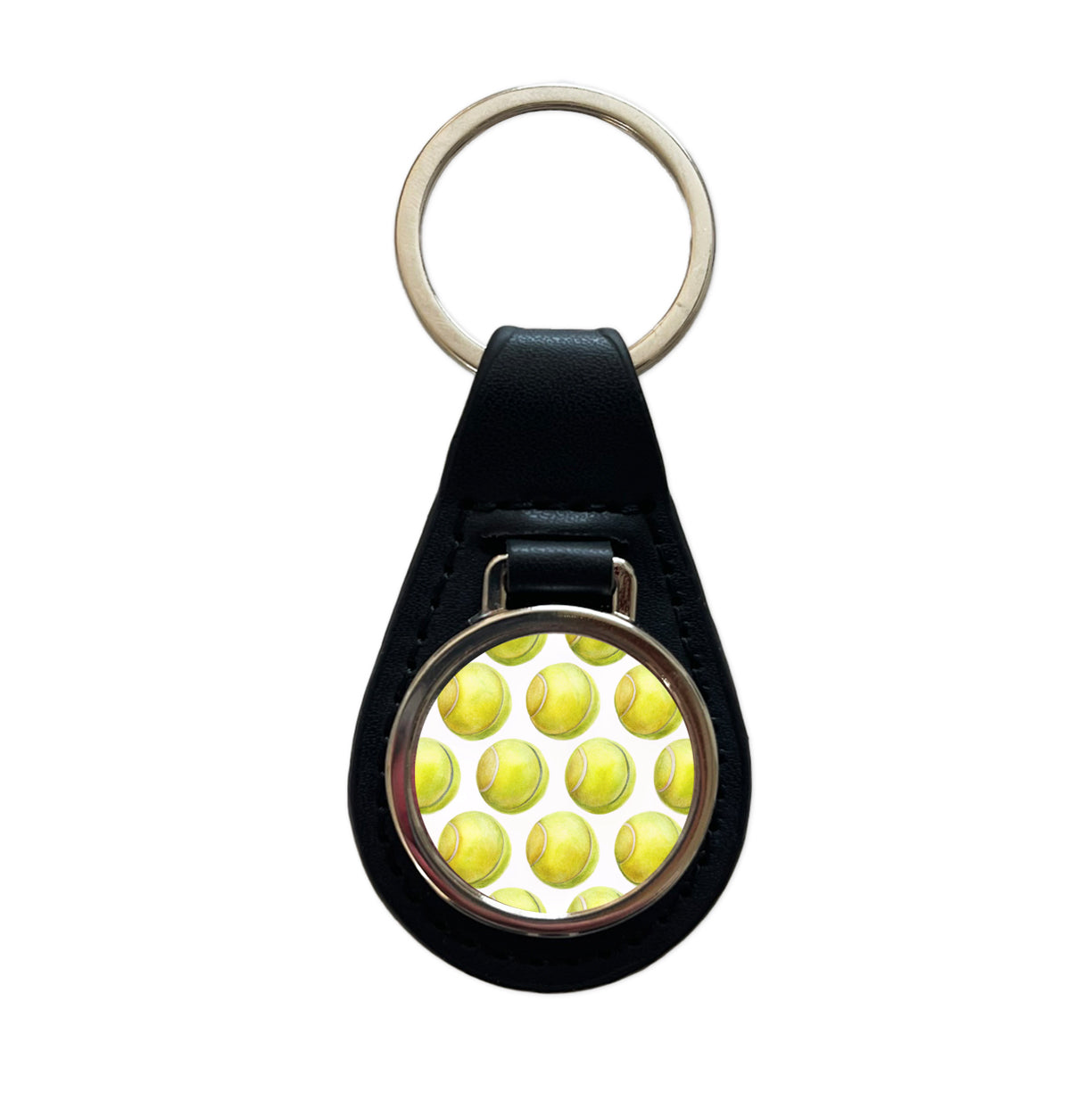 Tennis Balls In A Row Black Leather Metal Keychain