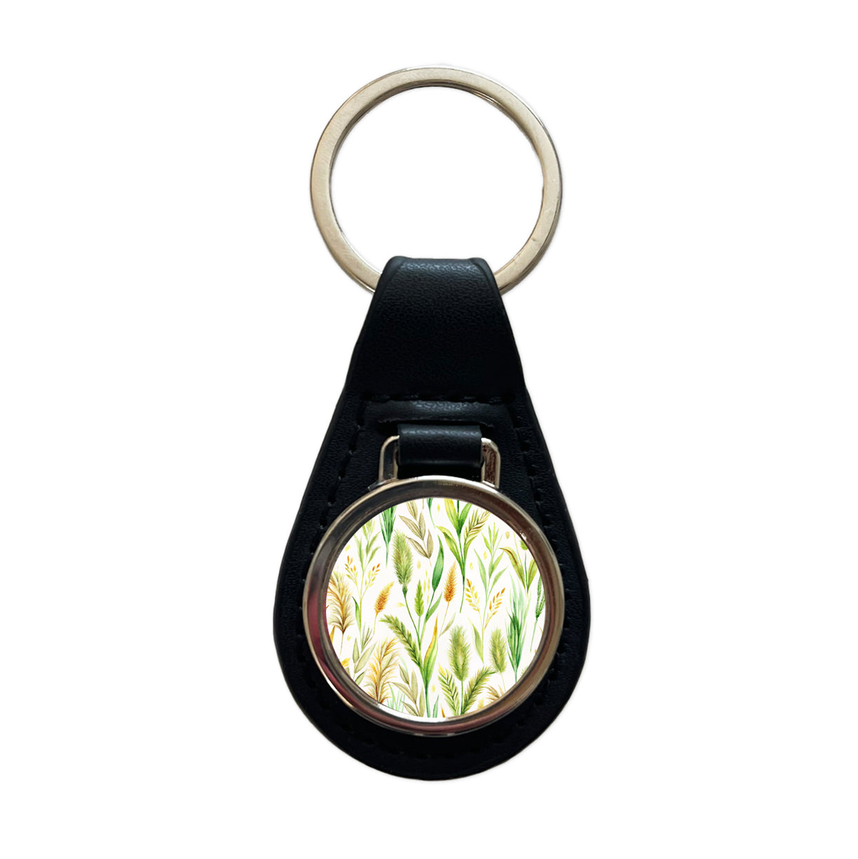 Wild Grasses Black Leather Metal Keychain