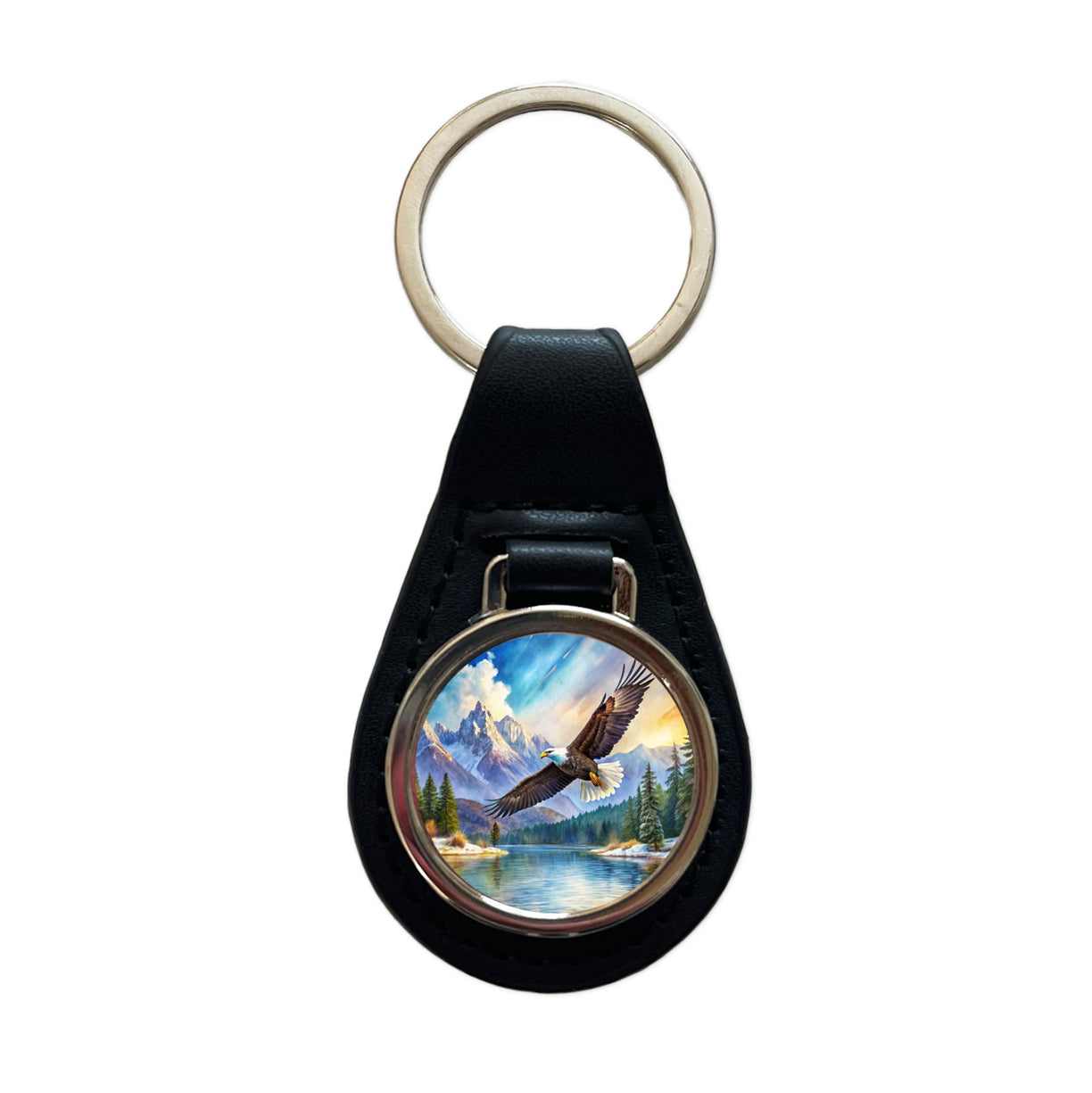 Bald Eagle Flying With Mountains Lake Watercolor Black Leather Metal Keychain
