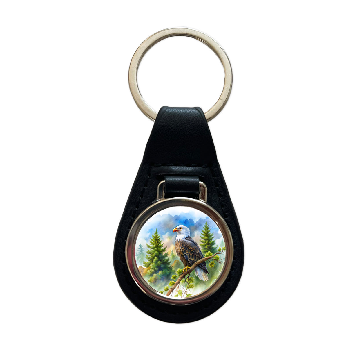 Bald Eagle In Tree Watercolor Black Leather Metal Keychain