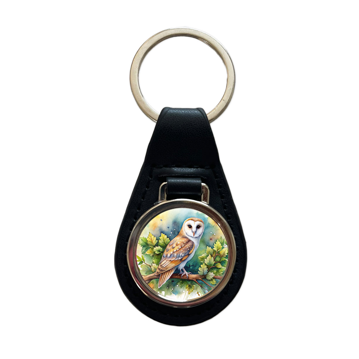 Barn Owl In Tree Watercolor Black Leather Metal Keychain