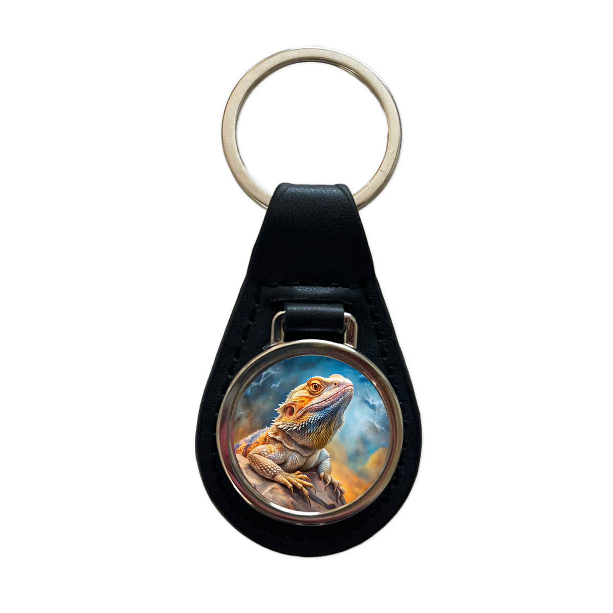 Bearded Dragon Lizard On Rock Stormy Scene Reptile Watercolor Black Leather Metal Keychain